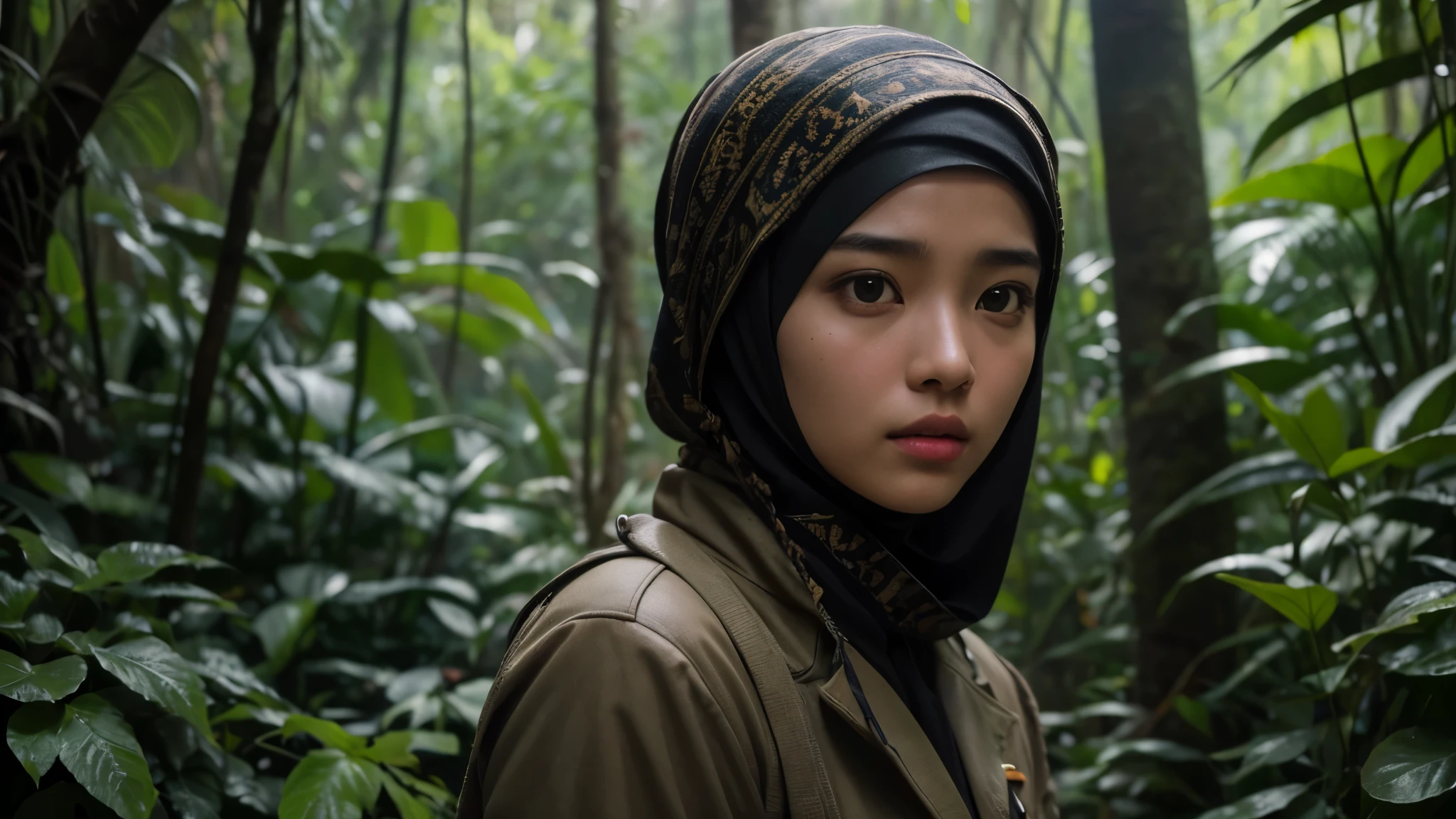 Craft a cinematic film still with 1 Malay girl in hijab through a dense jungle, evoking the spirit of 'Indiana Jones.' Utilize a telephoto lens to capture the sense of adventure. (Military suit), 8K resolution, blur background. Cinematic lighting, ((Beautiful face, perfect eyes)), ultra detail, 8k