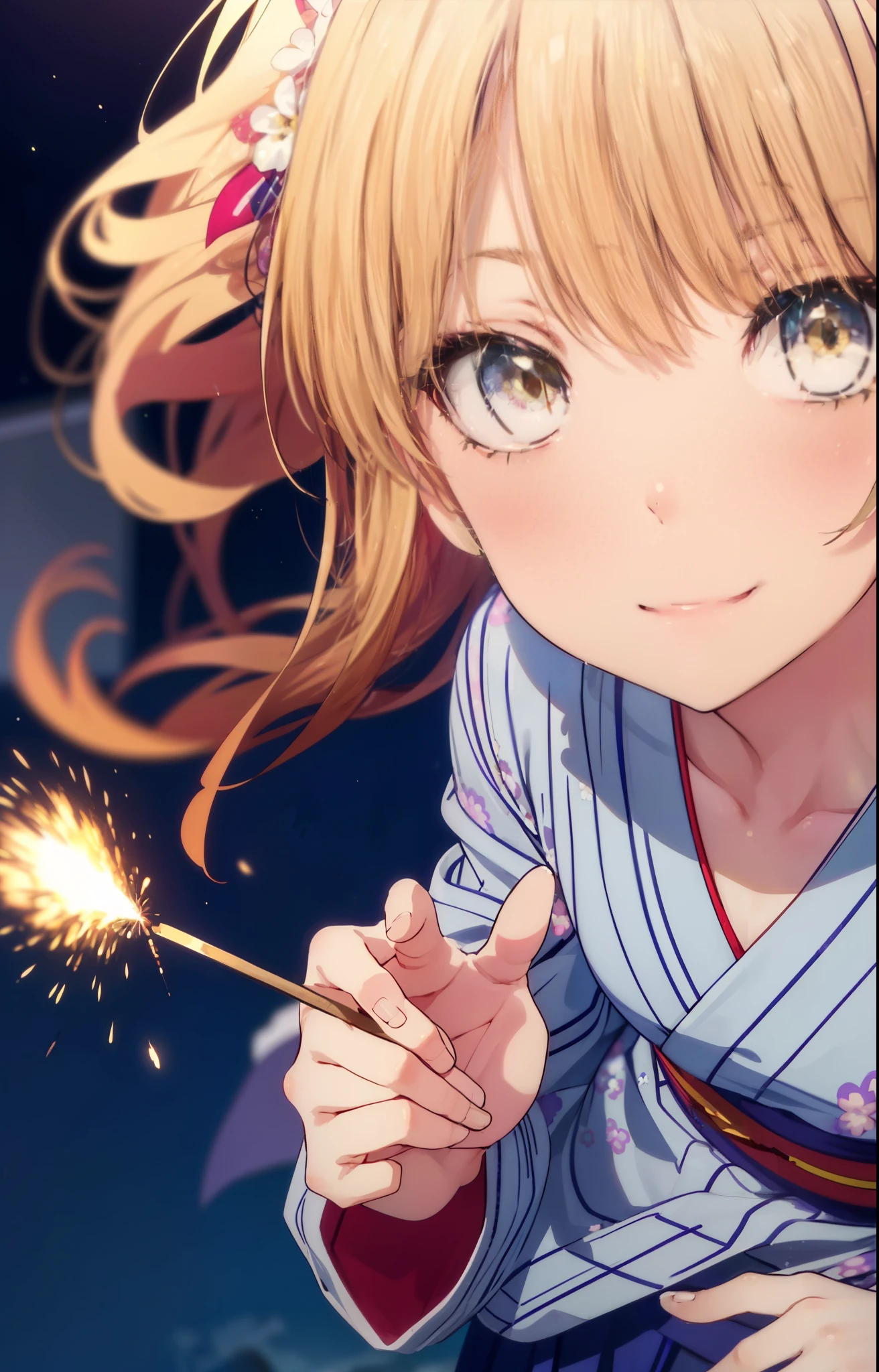 irohaisshiki, Isshiki Iroha, long hair, brown hair, (brown eyes:1.5), smile,animal ears fox ears,Animal tail fox tail,flower hair ornament,Yukata with yellow floral pattern,long skirt,Zori sandals,firework in the night sky,firework,The place is a firework display,Time is night,sunny day,So that the whole body is included in the illustration,
break outdoors, destroy the shrine (masterpiece:1.2), highest quality, High resolution, unity 8k wallpaper, (shape:0.8), (beautiful and detailed eyes:1.6), highly detailed face, perfect lighting, Very detailed CG, (perfect hands, perfect anatomy),