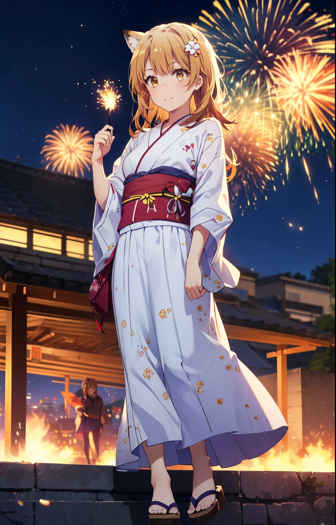 irohaisshiki, Isshiki Iroha, long hair, brown hair, (brown eyes:1.5), smile,animal ears　fox ears,Animal tail　fox tail,flower hair ornament,Yukata with yellow floral pattern,long skirt,Zori sandals,firework in the night sky,firework,The place is a firework display,Time is night,sunny day,So that the whole body is included in the illustration,
break outdoors, destroy the shrine (masterpiece:1.2), highest quality, High resolution, unity 8k wallpaper, (shape:0.8), (beautiful and detailed eyes:1.6), highly detailed face, perfect lighting, Very detailed CG, (perfect hands, perfect anatomy),