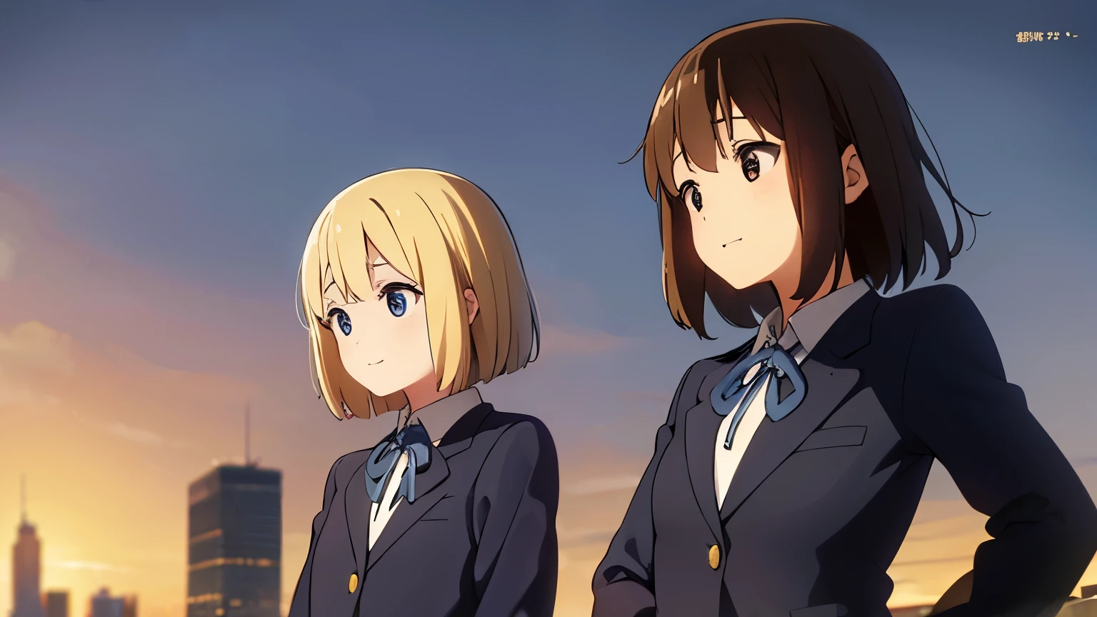 1girl, (((masterpiece))), top-quality, top-quality, High Details, Hirasawa Yui, 1girl, Sakuragaoka High School Uniform, student clothes, two yellow hairpin, short hair, A brown-haired, brown-eyed, glasses, 独奏, reddish, Dark blue blazer with thin blue ribbon, Solid white buttoned shirt under blazer, read a book, illustratio, comic strip, soothing tones, Subdued Color, Soft cinematic light, adobe lightroom, photolab, HDR, intricately and hyper-detailed、(((depth of fields))))。(((masterpiece)))。(((top-quality))).)((ultra-detailliert)))。(((illustratio)))。(((takeout))).dynamic focus.big breasts.(((Skyscrapers))).(((A city scape))).(((Face of happiness))). Smile mouth.(((put hands on the hip))).(((up chest))).((afternoon glow)).((the setting sun)).