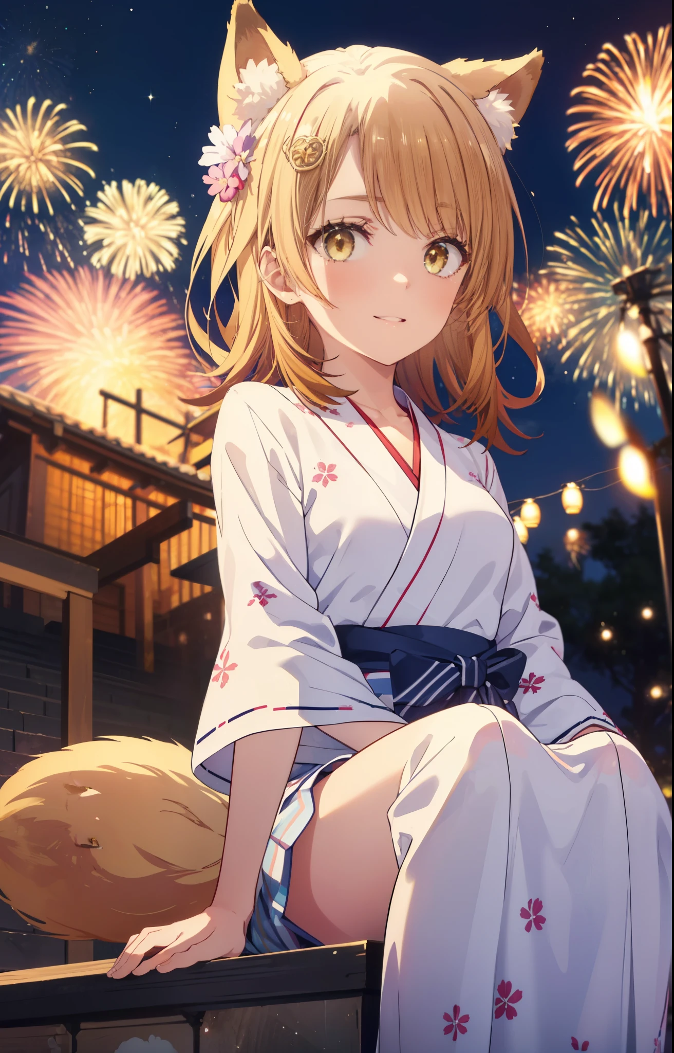 irohaisshiki, Isshiki Iroha, long hair, brown hair, (brown eyes:1.5), smile,animal ears fox ears,Animal tail fox tail,flower hair ornament,Yukata with yellow floral pattern,long skirt,Zori sandals,firework in the night sky,firework,The place is a firework display,Time is night,sunny day,So that the whole body is included in the illustration,I'm sitting on the steps of the shrine, looking up at the sky.,
break outdoors, destroy the shrine (masterpiece:1.2), highest quality, High resolution, unity 8k wallpaper, (shape:0.8), (beautiful and detailed eyes:1.6), highly detailed face, perfect lighting, Very detailed CG, (perfect hands, perfect anatomy),
