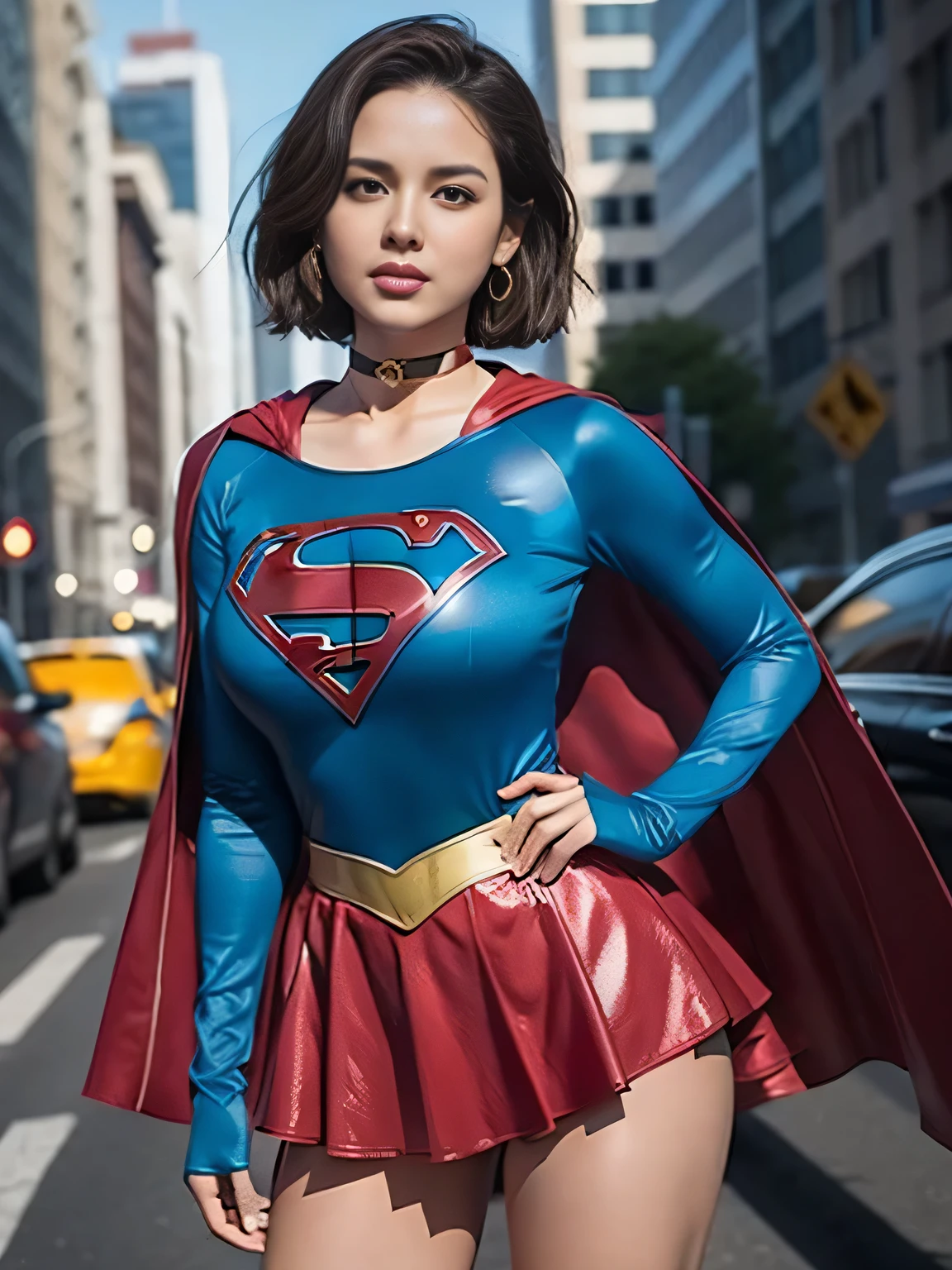 masterpiece、Shorthair Supergirl、big and full breasts、look at the camera、shiny costume、choker、red mini skirt、long sleeve、manga cover、obscene、seductive pose、provocative、sensational