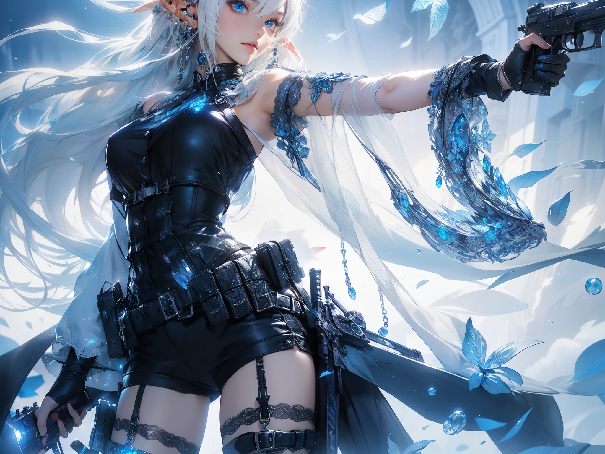 A portrayal of a sweet elf girl standing with a gun in hand, radiating a sense of determination and strength, style by Yoji Shinkawa, full body, dynamic pose, perfect anatomy, Fantasy art style, soul, approach to perfection, cell shading, 8k, cinematic dramatic atmosphere, watercolor painting, BREAK,

perfect face, details eye, ((elf:1.4)), (1girl), (hairstyle:1.6), (messy hair), (white hair), Plump lips, blue eyes, happy expression, medium breast.