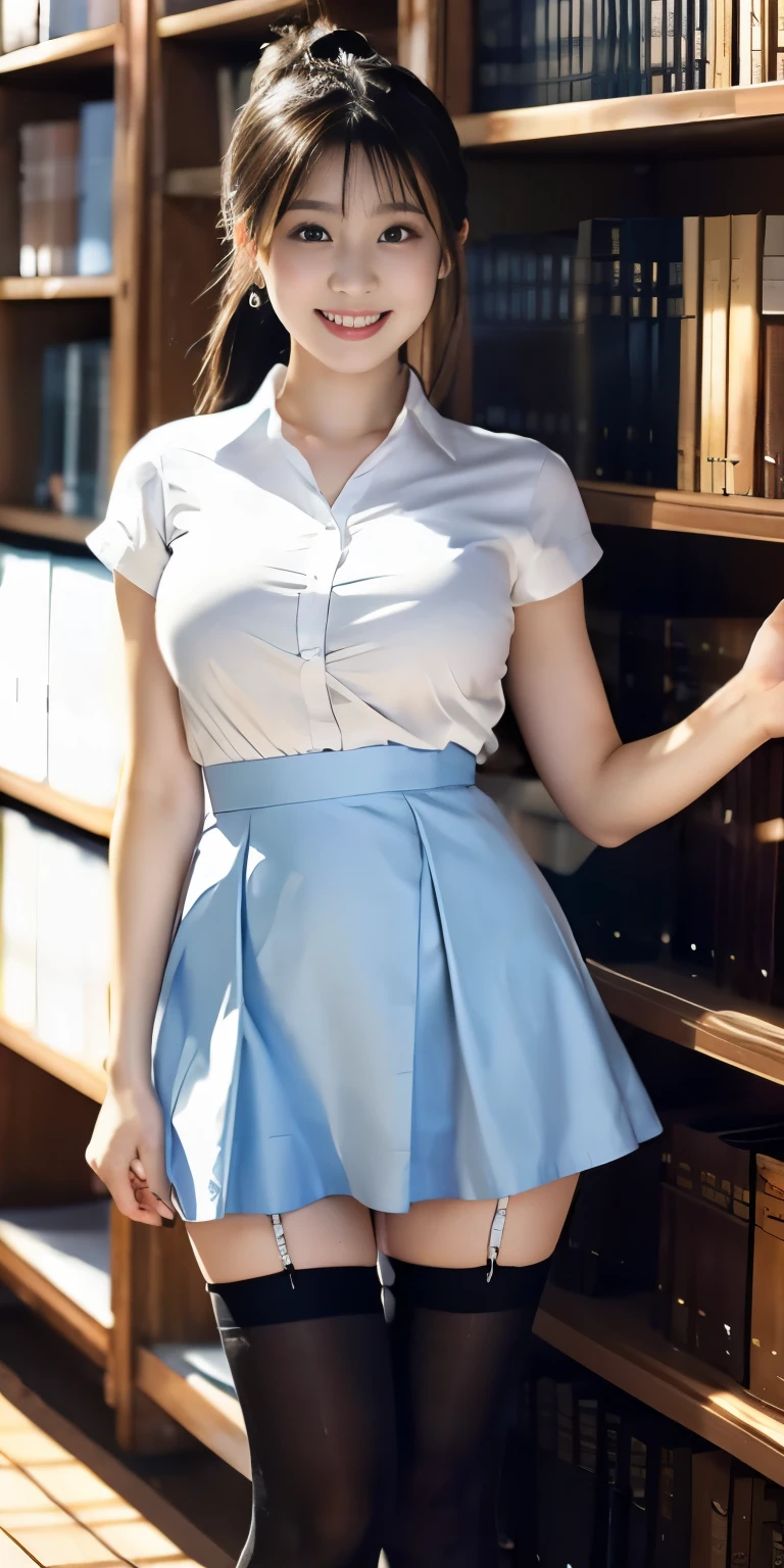 woman, 20-year-old, black ponytail hair、nsfw, (spread pussy:1.3)、big breasts、slender body shape、smile、white dress shirt、Light blue short skirt、inside the library、arms raised、The whole body is shown、(positive)、wearing black knee highs