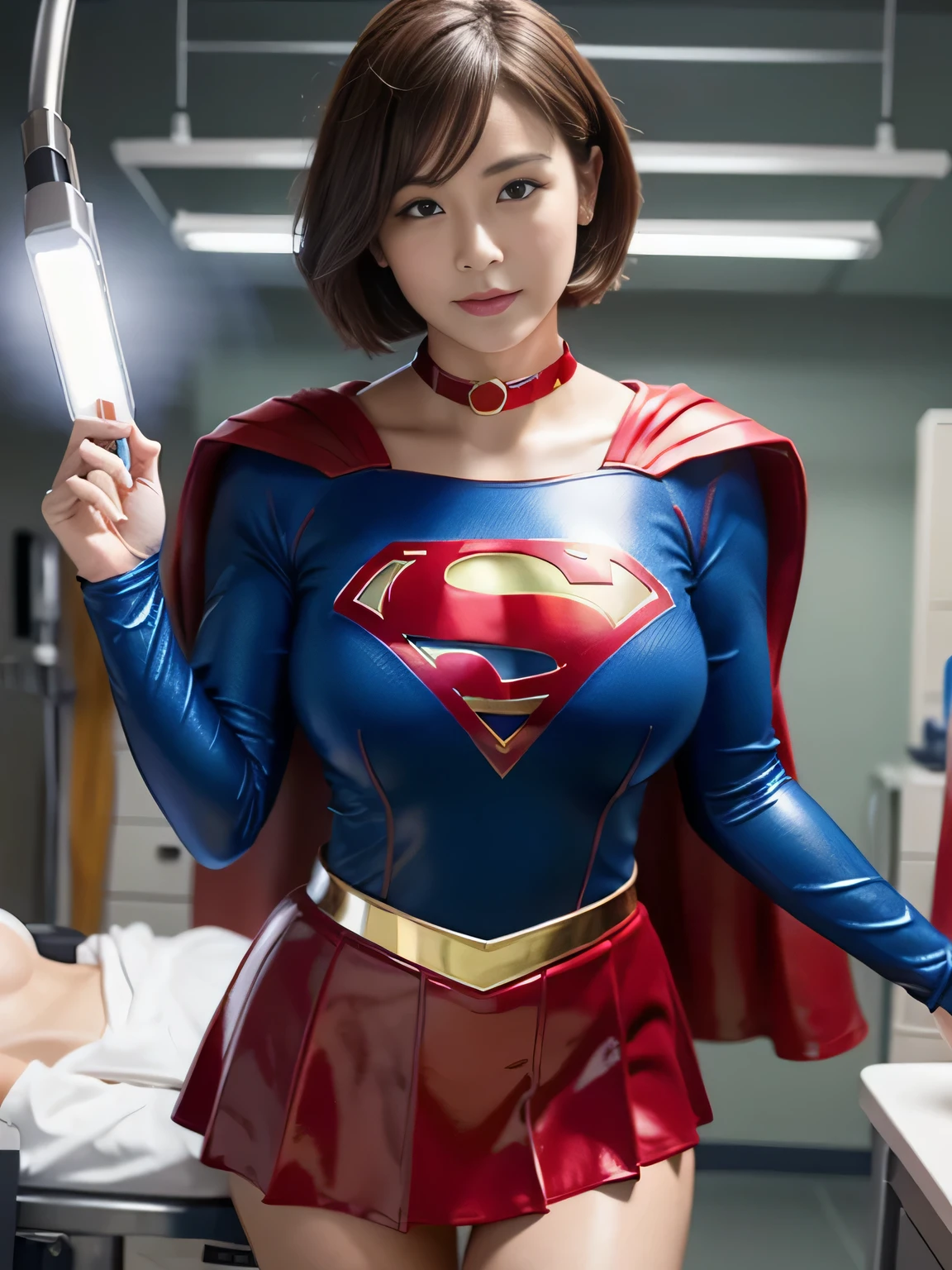 masterpiece,Short-haired Supergirl shows off her thighs on the hospital operating table、big and full breasts、look at the camera、shiny enamel costume、Gorgeous red enamel long boots、shiny red skirt、choker、long sleeve、Fluttering cloak、seductive gesture、sexy pose