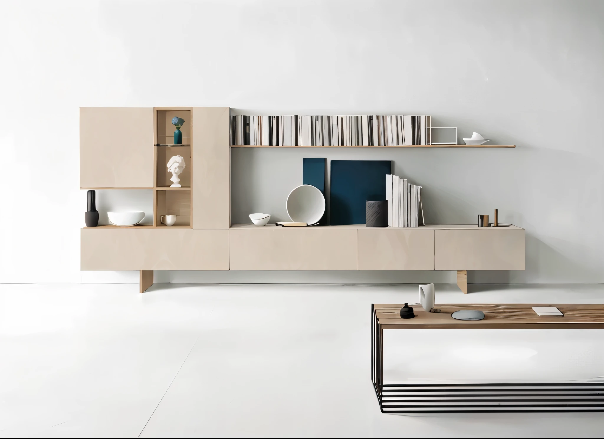 There is a white room,There are bookshelves and tables inside, simple furniture, elegant minimalism, simple design, Furniture design, minimally modern, minimalist design, modern minimalist design, designer furniture, minimalist design, Stylish and modern atmosphere, furniture concept photo!!, Modern and simple, unit, Simple and beautiful, wooden cabinet, Low details and clean lines, cabinet furniture