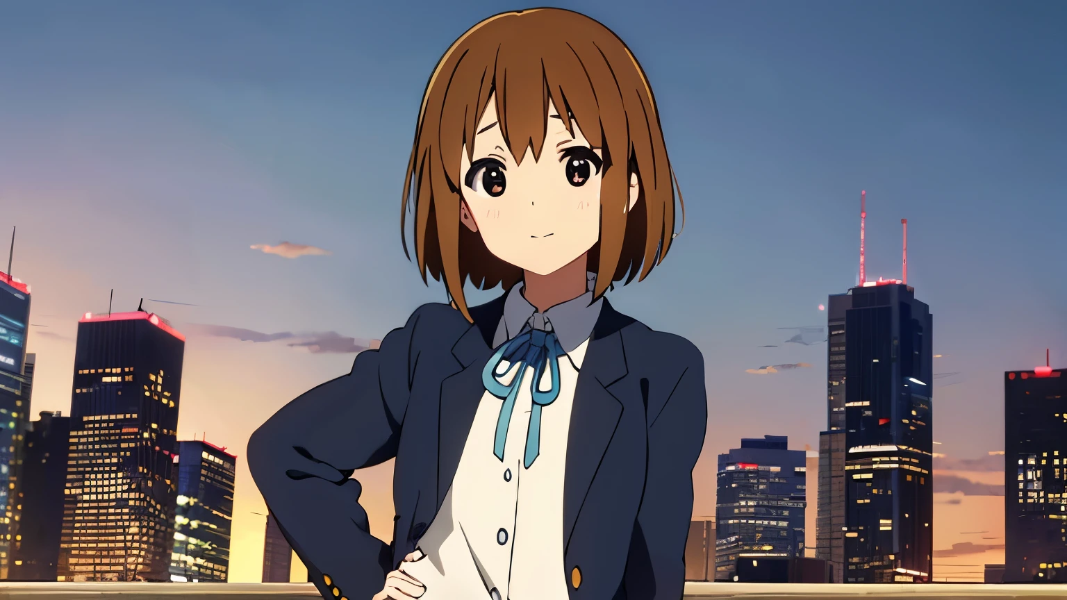 1girl, (((masterpiece))), top-quality, top-quality, High Details, Hirasawa Yui, 1girl, Sakuragaoka High School Uniform, student clothes, two yellow hairpin, short hair, A brown-haired, brown-eyed, 独奏, reddish, Dark blue blazer with thin blue ribbon, Solid white buttoned shirt under blazer, read a book, illustratio, comic strip, soothing tones, Subdued Color, Soft cinematic light, adobe lightroom, photolab, HDR, intricately and hyper-detailed、(((depth of fields))))。(((masterpiece)))。(((top-quality))).)((ultra-detailliert)))。(((illustratio)))。(((takeout))).dynamic focus.big breasts.(((Skyscrapers))).(((A city scape))).(((Face of happiness))). Smile mouth.(((put hands on the hip))).(((up chest))).((afternoon glow)).((the setting sun)).
