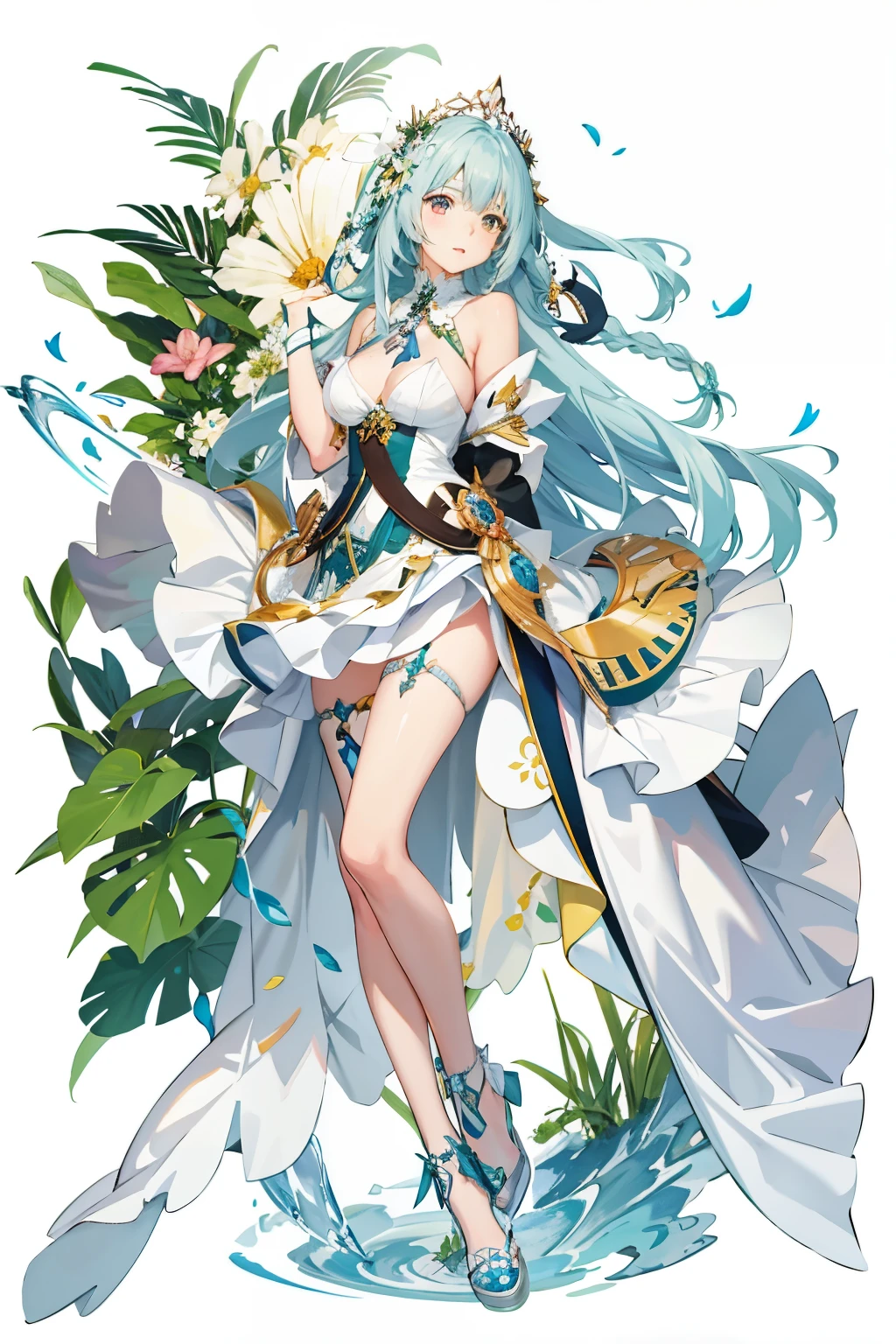 garota anime com cabelo branco e vestido verde sentada em uma flor, divindade de cabelos brancos, Deusa dos animes, deusa da natureza, deusa da primavera, arte oficial, arte oficialwork, arte oficial do anime, obra-prima deusa da tristeza, cushart krenz arte chave feminino, arte oficial do personagem, high detailed arte oficialwork, rainha das flores, fairy queen of the summer forest