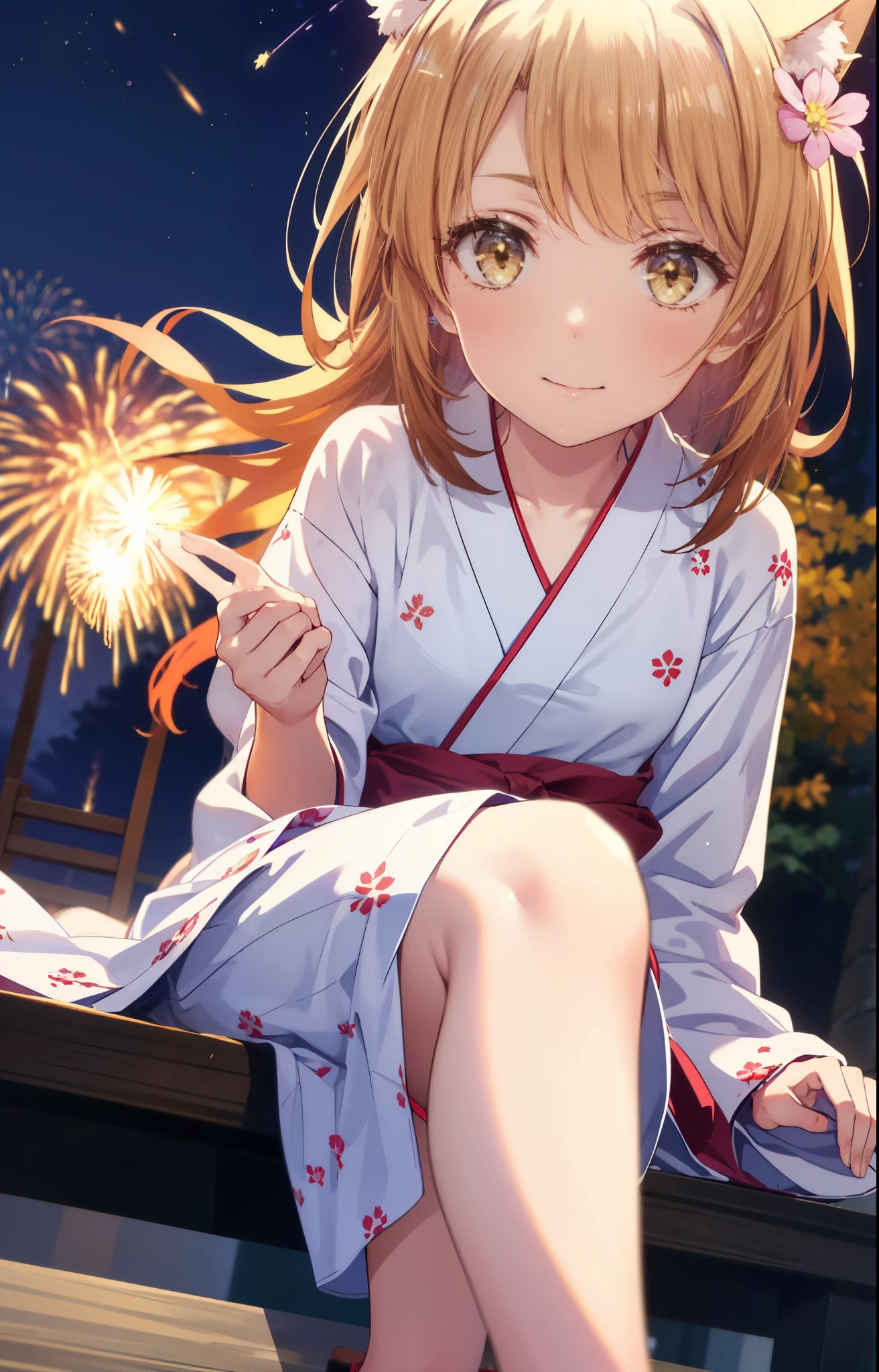 irohaisshiki, Isshiki Iroha, long hair, brown hair, (brown eyes:1.5), smile,animal ears　fox ears,Animal tail　fox tail,flower hair ornament,Yukata with yellow floral pattern,long skirt,Zori sandals,firework in the night sky,firework,The place is a firework display,Time is night,sunny day,So that the whole body is included in the illustration,I&#39;m sitting on the steps of the shrine, looking up at the sky.,
break outdoors, destroy the shrine (masterpiece:1.2), highest quality, High resolution, unity 8k wallpaper, (shape:0.8), (beautiful and detailed eyes:1.6), highly detailed face, perfect lighting, Very detailed CG, (perfect hands, perfect anatomy),