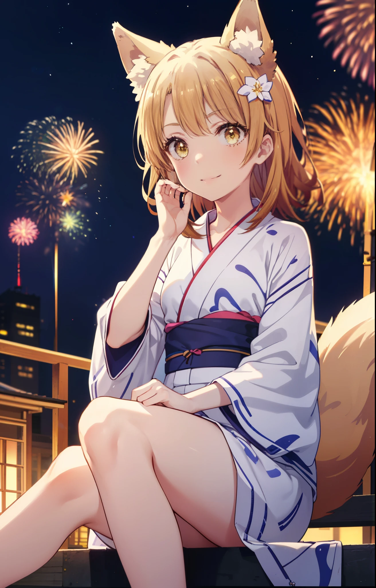 irohaisshiki, Isshiki Iroha, long hair, brown hair, (brown eyes:1.5), smile,animal ears　fox ears,Animal tail　fox tail,flower hair ornament,Yukata with yellow floral pattern,long skirt,Zori sandals,firework in the night sky,firework,The place is a firework display,Time is night,sunny day,So that the whole body is included in the illustration,I&#39;m sitting on the steps of the shrine, looking up at the sky.,
break outdoors, destroy the shrine (masterpiece:1.2), highest quality, High resolution, unity 8k wallpaper, (shape:0.8), (beautiful and detailed eyes:1.6), highly detailed face, perfect lighting, Very detailed CG, (perfect hands, perfect ???????),