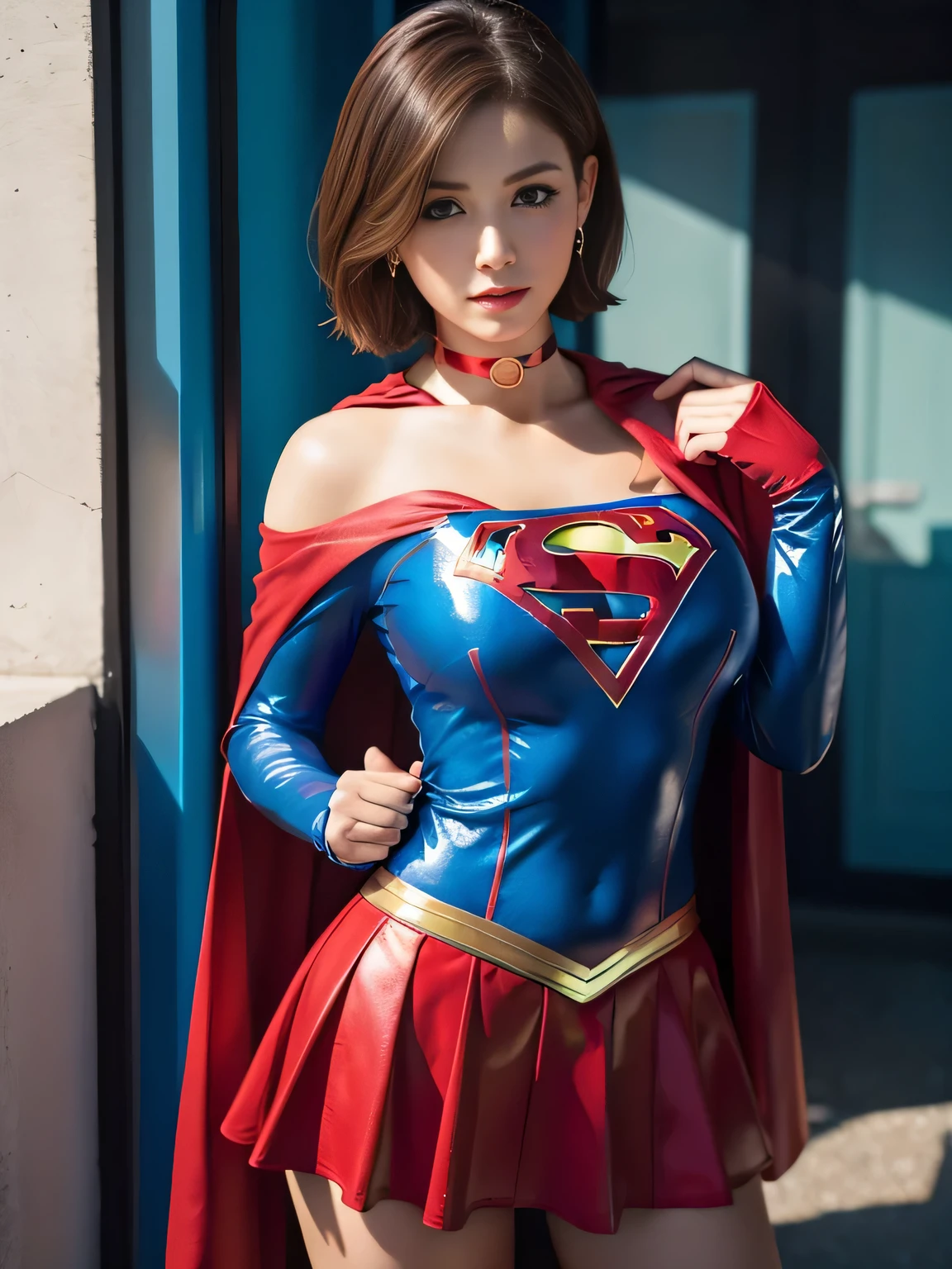 masterpiece、Shorthair Supergirl、big and full breasts、look at the camera、shiny costume、choker、red mini skirt、long sleeve、manga cover、obscene、seductive pose、provocative、sensational