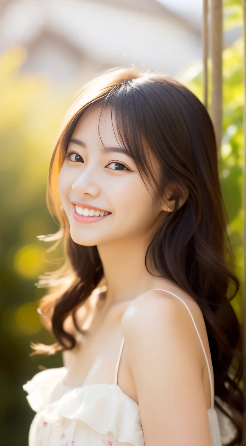 8K, Ultra-high resolution, Highest quality, masterpiece, 三分割法によるphotograph,Surreal, photograph, 1 girl, (16 years old:1.3), pretty girl, Cute face, Beautiful eyes in every detail, 細かくdetailedに,masterpiece,, One Girl:1.2, Japan Female Announcer,whole body,Young Wife,Girl with her back to the camera, evening, forest、Full of cleanliness,A carefree smile,Healing the heart,Semi-long layered hair,Looking at the audience、beauty,Long neck、Laugh a little、Please close your mouth and laugh、(((Ideal body type))),A-cup small breasts :2,、Portraiture:2、Perfect Anatomy、鮮明なdetailed、detailed、Surreal、Light and shadow,Strong light