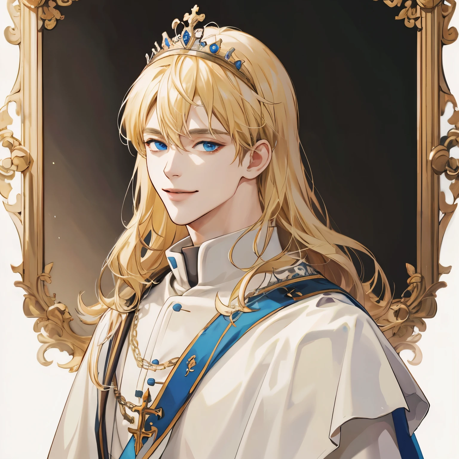 1 male, pope, blonde hair, long hair, tiara, blue eyes, light smile, Classicism, UHD, masterpiece, super detail, high details, high quality, best quality, highres, 1080P, HD, white background, See the full upper body