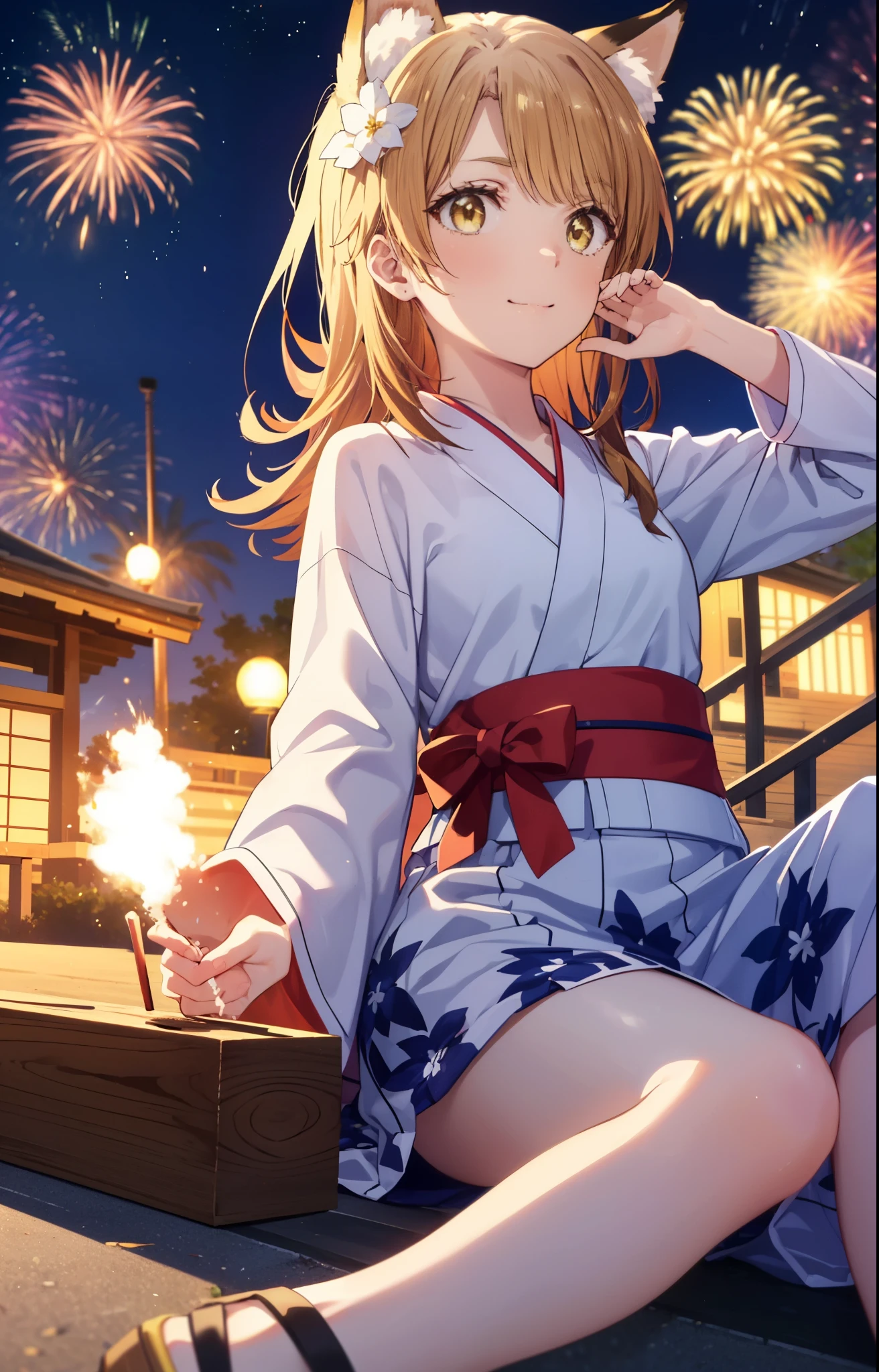 irohaisshiki, Isshiki Iroha, long hair, brown hair, (brown eyes:1.5), smile,animal ears　fox ears,Animal tail　fox tail,flower hair ornament,Yukata with yellow floral pattern,long skirt,Zori sandals,firework in the night sky,firework,The place is a firework display,Time is night,sunny day,So that the whole body is included in the illustration,I&#39;m sitting on the steps of the shrine, looking up at the sky.,
break outdoors, destroy the shrine (masterpiece:1.2), highest quality, High resolution, unity 8k wallpaper, (shape:0.8), (beautiful and detailed eyes:1.6), highly detailed face, perfect lighting, Very detailed CG, (perfect hands, perfect anatomy),