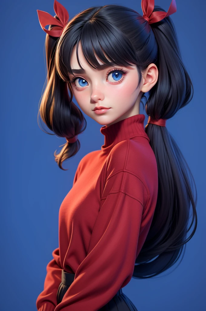 1girl, tohsaka rin, solo, long hair, sweater, red sweater, looking at viewer, blue background, black hair, simple background, two side up, turtleneck, blue eyes, lips, closed mouth, ribbon, hair ribbon, bangs, turtleneck sweater, upper body, parted bangs, black ribbon, ribbed sweater, twintails, nose,