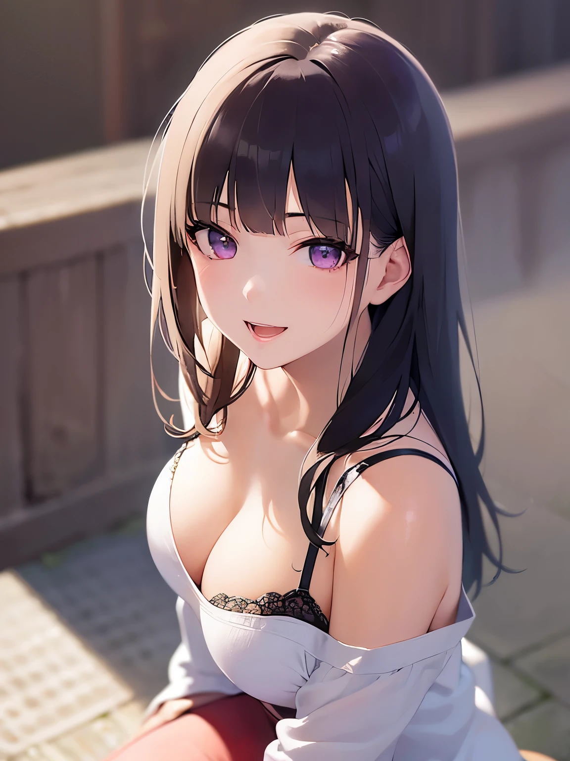 side angle, Shooting from above、leaning forward, hands on knees, Realistic, real person, RAW photo, photorealistic, portrait photography, shiny skin, japanese idol、(A 20-year-old woman with black bangs and purple eyes.) and (blunt bangs) and (straight midium hair), wearing a white off-shoulder blouse、wearing a tight skirt、cleavage is visible、smile, open mouth, blush, The background is a park、Alone、Staring, (entrance:1.3)