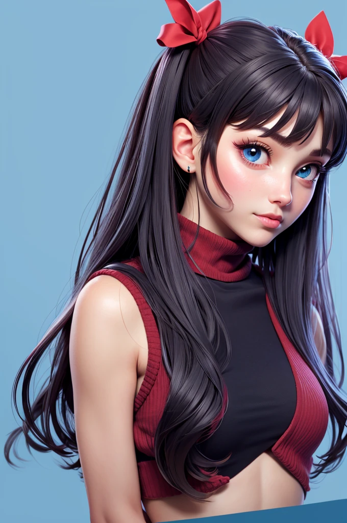 1girl, tohsaka rin, solo, long hair, sweater, red sweater, looking at viewer, blue background, black hair, simple background, two side up, turtleneck, blue eyes, lips, closed mouth, ribbon, hair ribbon, bangs, turtleneck sweater, upper body, parted bangs, black ribbon, ribbed sweater, twintails, nose,