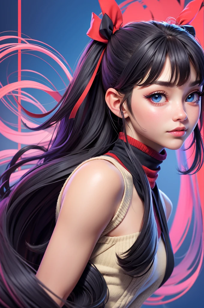 1girl, tohsaka rin, solo, long hair, sweater, red sweater, looking at viewer, blue background, black hair, simple background, two side up, turtleneck, blue eyes, lips, closed mouth, ribbon, hair ribbon, bangs, turtleneck sweater, upper body, parted bangs, black ribbon, ribbed sweater, twintails, nose,