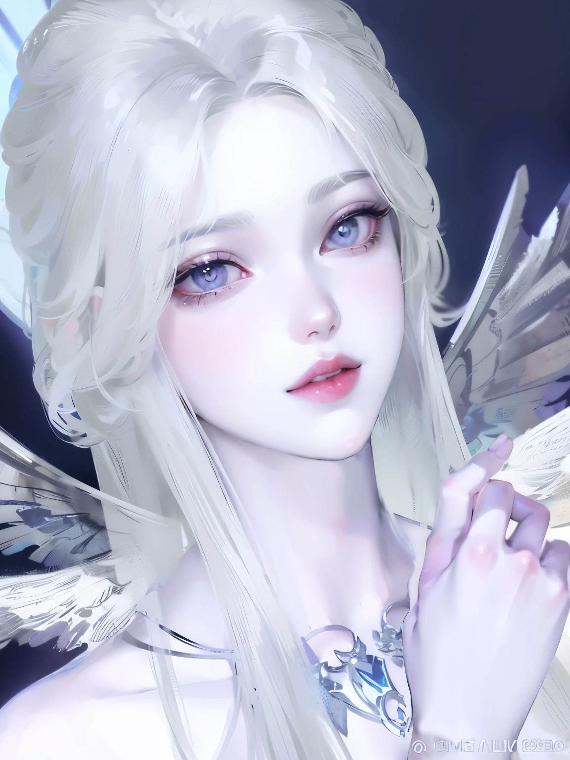 Close-up of a woman with white hair and wings, pale milky white porcelain skin, porcelain white skin, pale porcelain white skin, fair skin, Porcelain white face, Angelic face, beautiful youth spirit, white porcelain skin, I&#39;m going, beautiful angel&#39;s, ((beautiful fantasy queen)), Detail of long white hair, beautiful fantasy queen