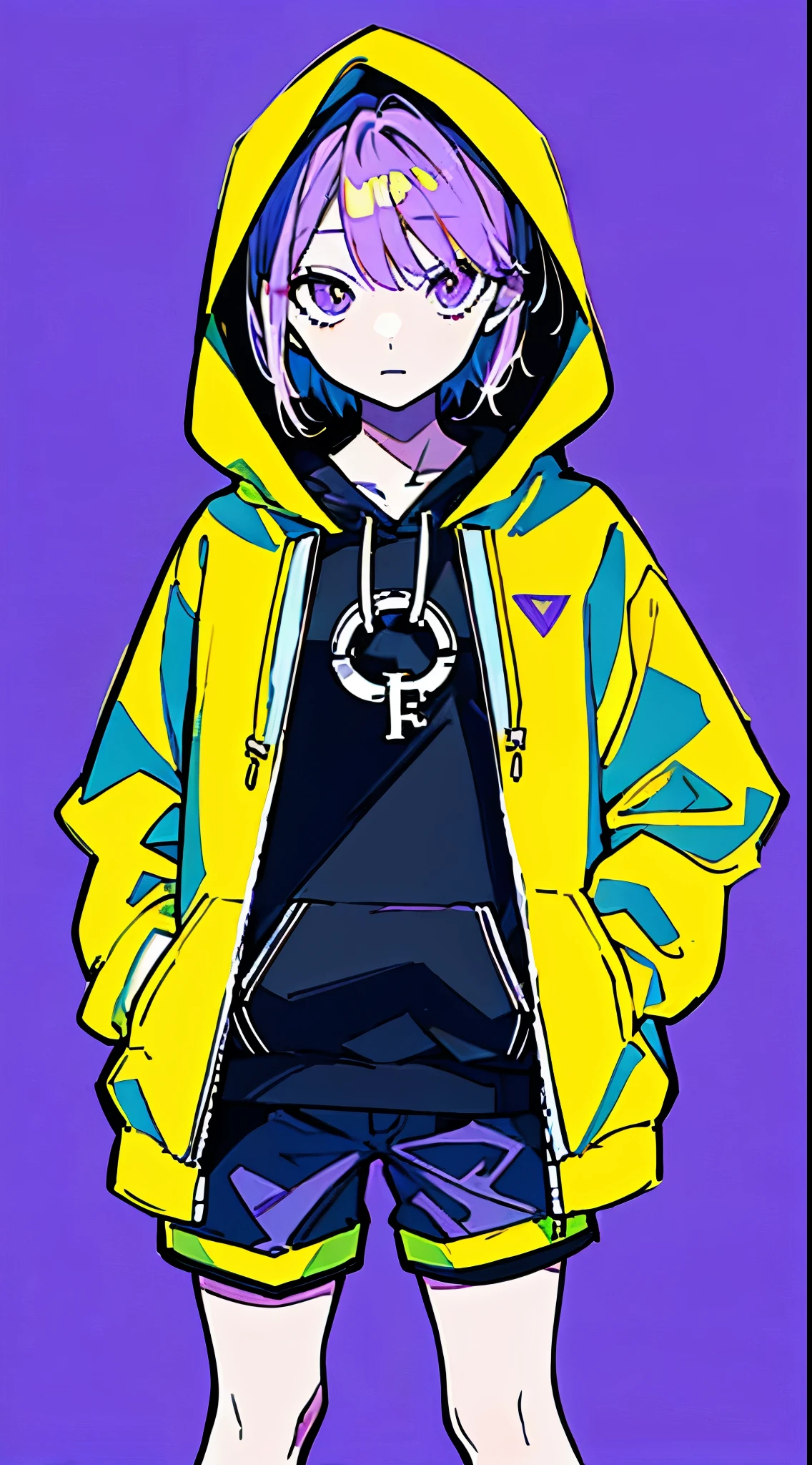 (masterpiece, highest quality:1.6), alone, thick outline, (simple background, bright purple background, monochrome, beautiful yellow theme:1.2), official art, Key Visual, 8k, confused, whole body, (unique hair, oversized hoodie, hot pants, wearing a hood, arch back, short torso:1.2), belly button, thighs, cowboy shot, HDR, sharp focus, High resolution, most detailed, very detailed, Super detailed, finely, detailed eyes and face, sharp pupils, realistic student, alone, yellow and purple contrast, alone, put one&#39;s hand in one&#39;s pocket