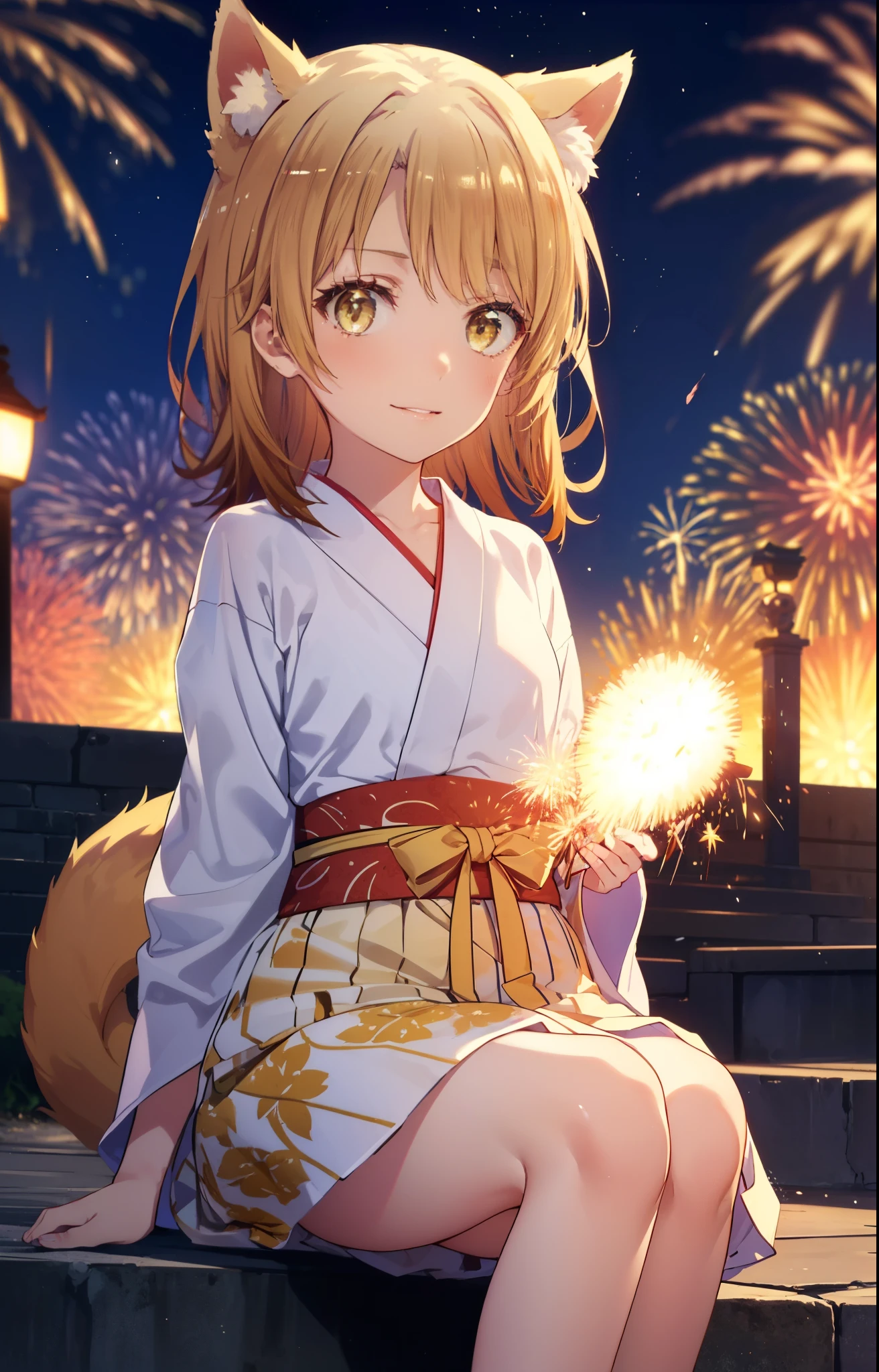 irohaisshiki, Isshiki Iroha, long hair, brown hair, (brown eyes:1.5), smile,animal ears　fox ears,Animal tail　fox tail,flower hair ornament,Yukata with yellow floral pattern,long skirt,Zori sandals,firework in the night sky,firework,The place is a firework display,Time is night,sunny day,So that the whole body is included in the illustration,I&#39;m sitting on the steps of the shrine, looking up at the sky.,
break outdoors, destroy the shrine (masterpiece:1.2), highest quality, High resolution, unity 8k wallpaper, (shape:0.8), (beautiful and detailed eyes:1.6), highly detailed face, perfect lighting, Very detailed CG, (perfect hands, perfect anatomy),