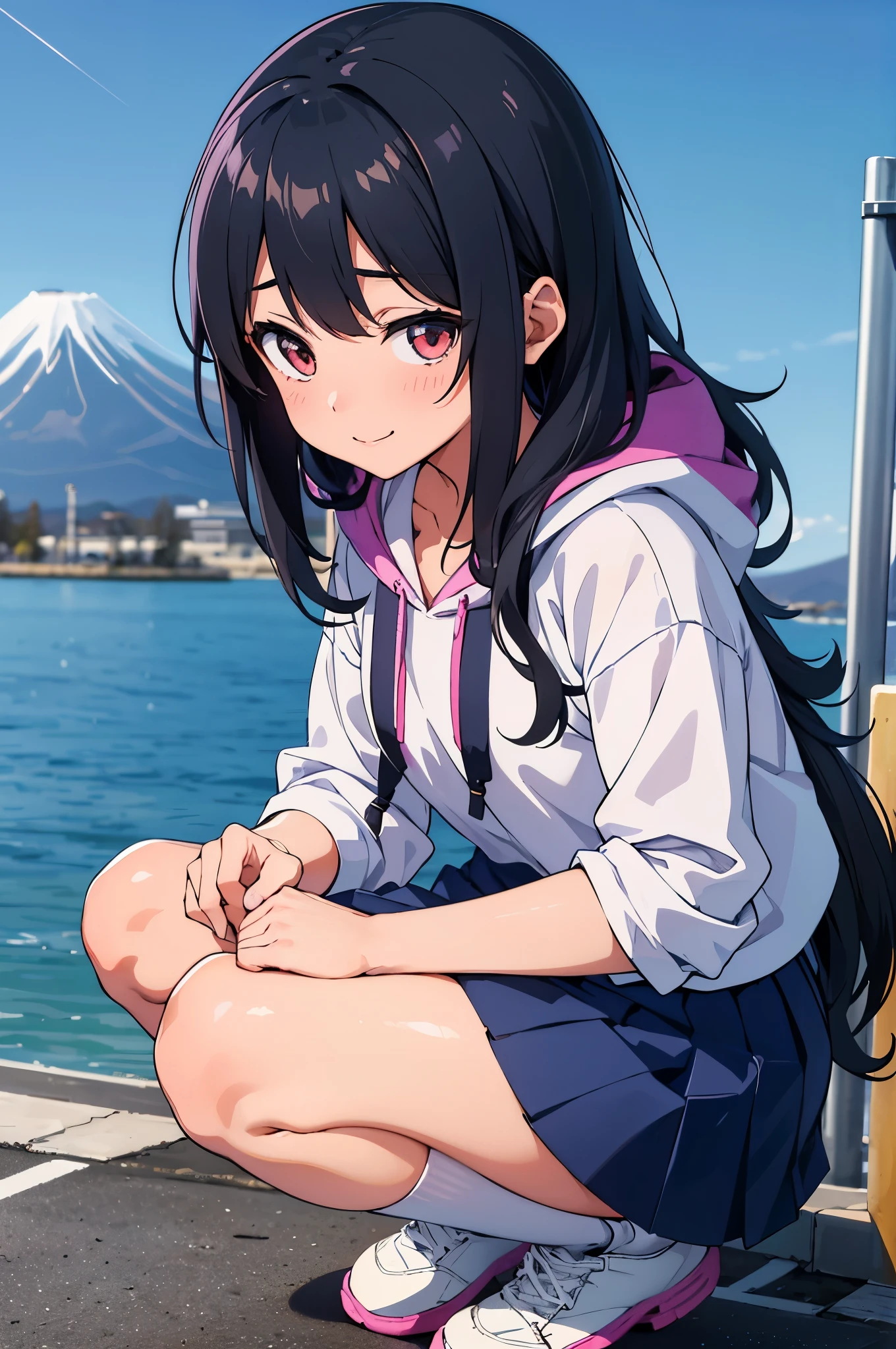 At the foot of Mt. Fuji field 8-year-old flat chest blhair g hair eyes are purple smile((1 person)) Hooded hoodie with upper body pink Lower body navy blue miniskirt white panties white socks sports boots daytime squatting down ((スカートがめくれてwhite pantiesが見える)) dynamic angle from the front