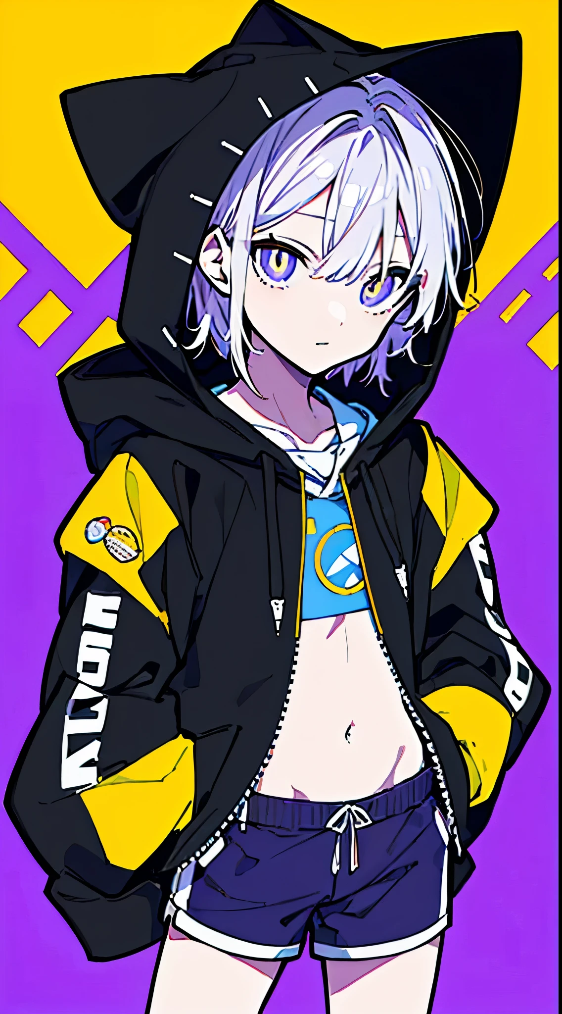 (masterpiece, highest quality:1.6), alone, thick outline, (simple background, bright purple background, monochrome, beautiful yellow theme:1.2), official art, Key Visual, 8k, confused, whole body, (unique hair, oversized hoodie, hot pants, wearing a hood, arch back, short torso:1.2), belly button, thighs, cowboy shot, HDR, sharp focus, High resolution, most detailed, very detailed, Super detailed, finely, detailed eyes and face, sharp pupils, realistic student, alone, yellow and purple contrast, alone, put one&#39;s hand in one&#39;s pocket