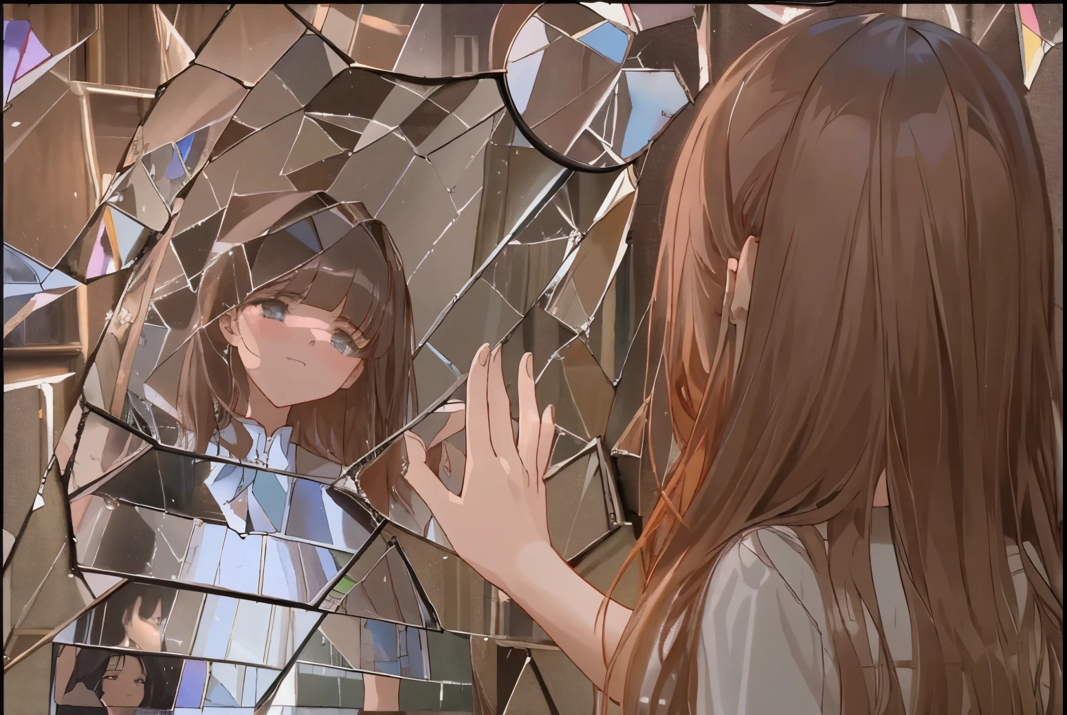 ((masterpiece))(A sad girl looking at her reflection in a broken mirror's composition), still from a music video, cracked mirror, YouTube video's screenshot, looking into mirror, seen through shattered glass, looking into mirror, video still, reflected in a giant mirror, mirror, looking into mirror, mirror of alternate reality