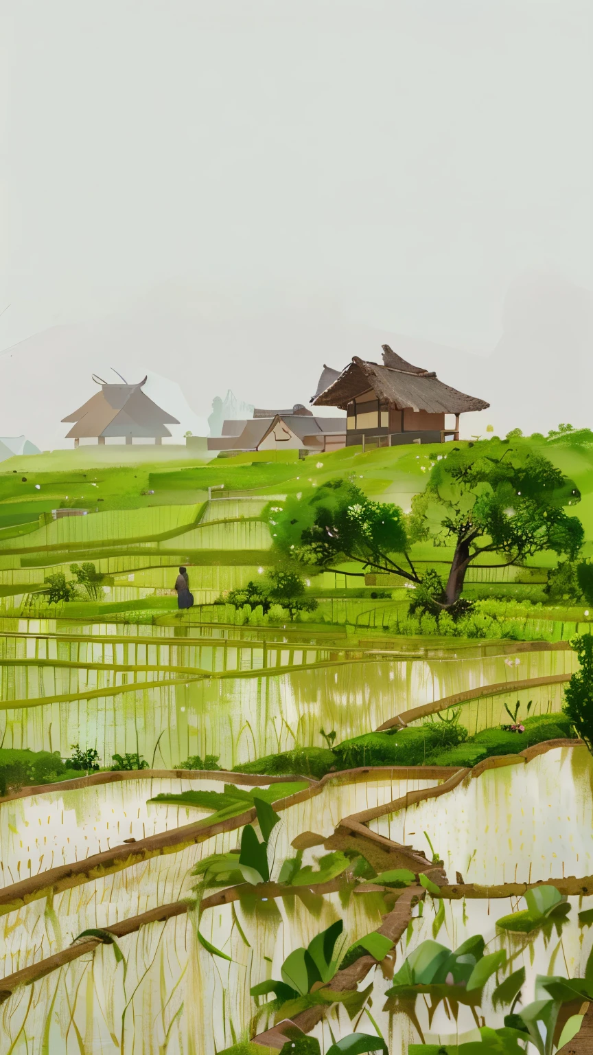 There is a man walking through a rice field, in the background is a hut with rice fields, rice fields, neat rice seedlings in the fields, misty rain, villages, agriculture, in the tranquil landscape, misty weather, in the vast peaceful landscape, in the early morning, in the w mist, behind a small village, mist, javanese countryside, thatched roofs --v 6