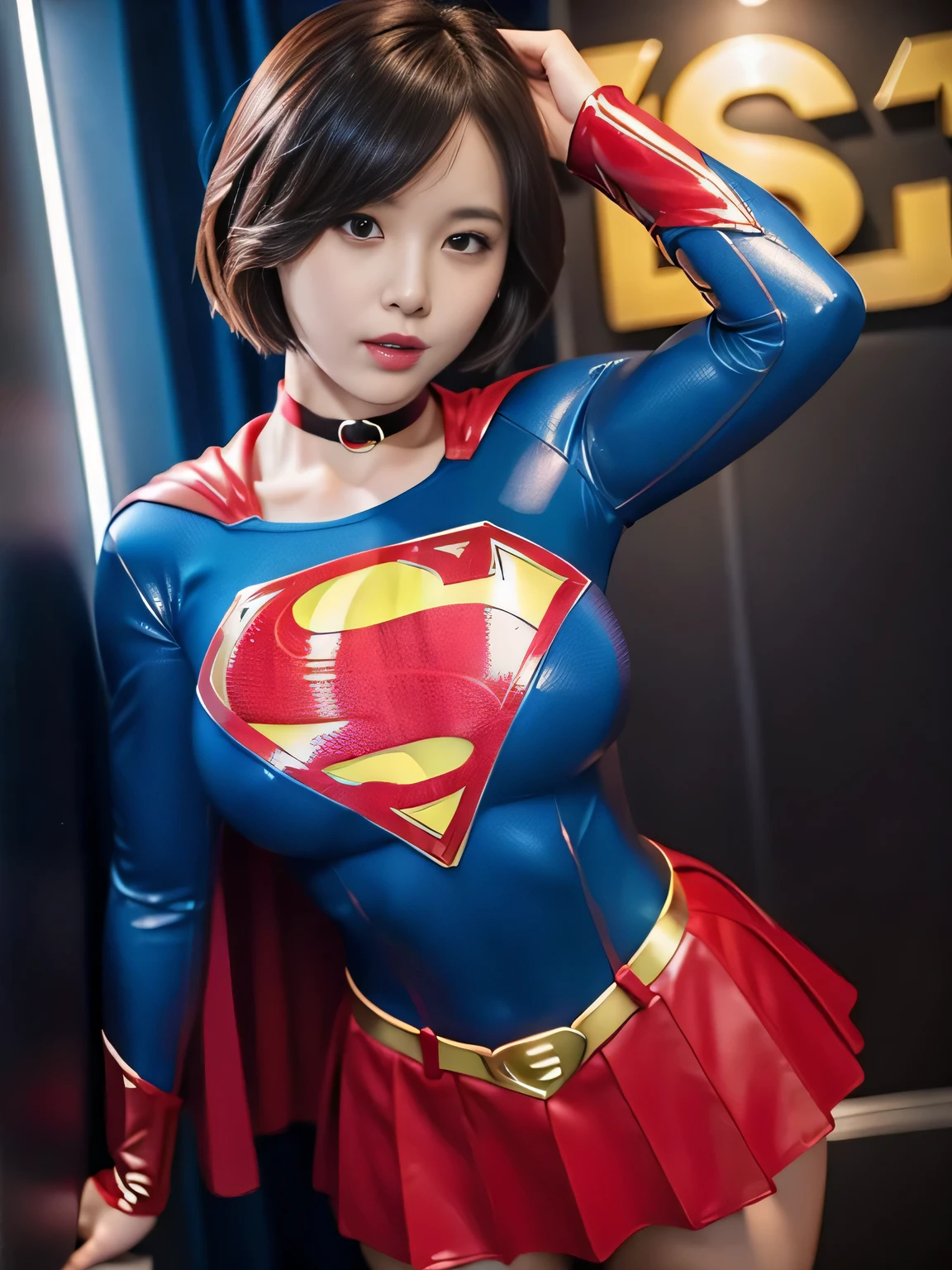 masterpiece、Shorthair Supergirl、big and full breasts、look at the camera、shiny costume、choker、red mini skirt、long sleeve、manga cover、obscene、seductive pose、provocative、sensational