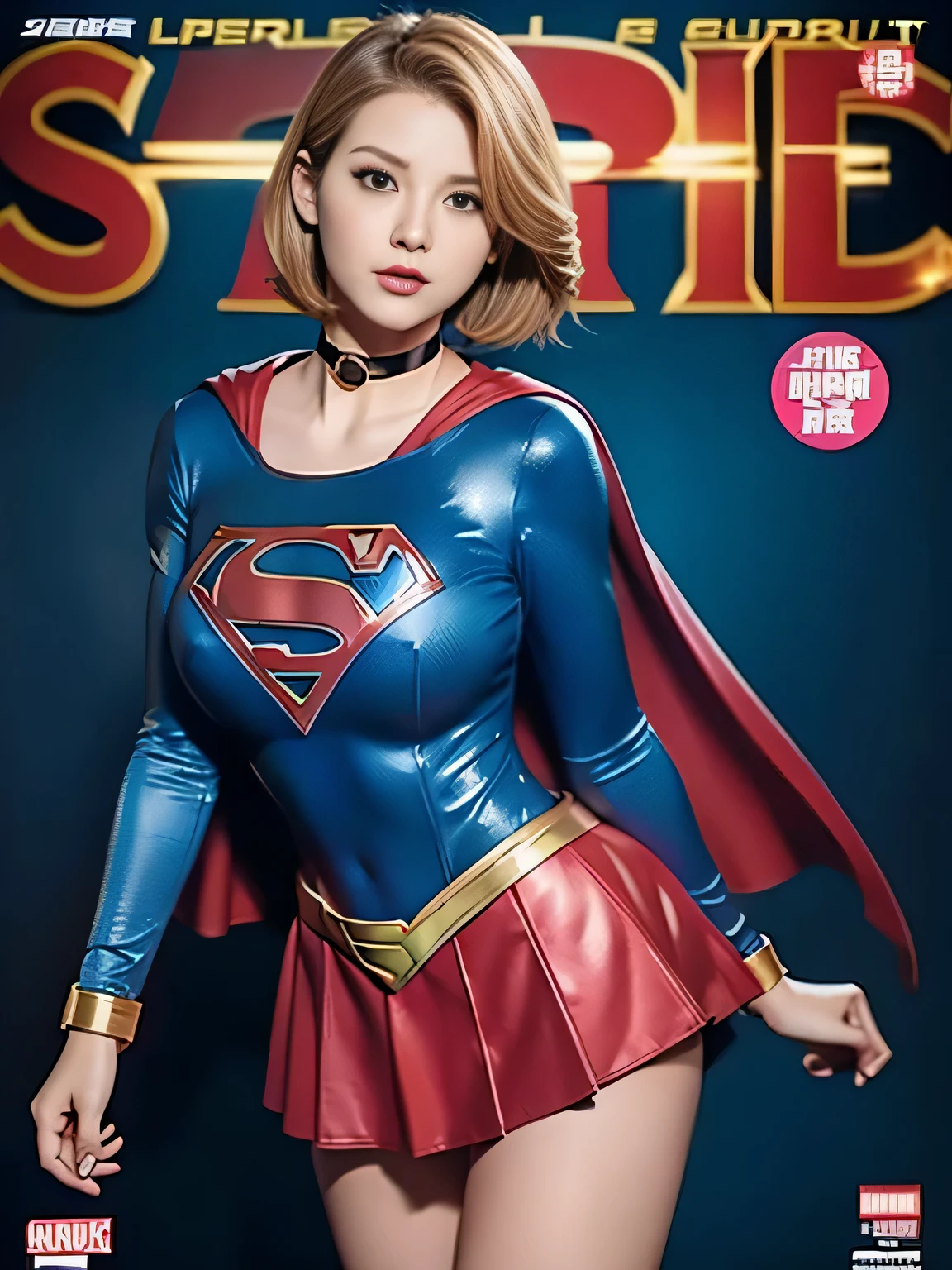 masterpiece、Shorthair Supergirl、big and full breasts、look at the camera、shiny costume、choker、red mini skirt、long sleeve、manga cover、obscene、seductive pose、provocative、sensational