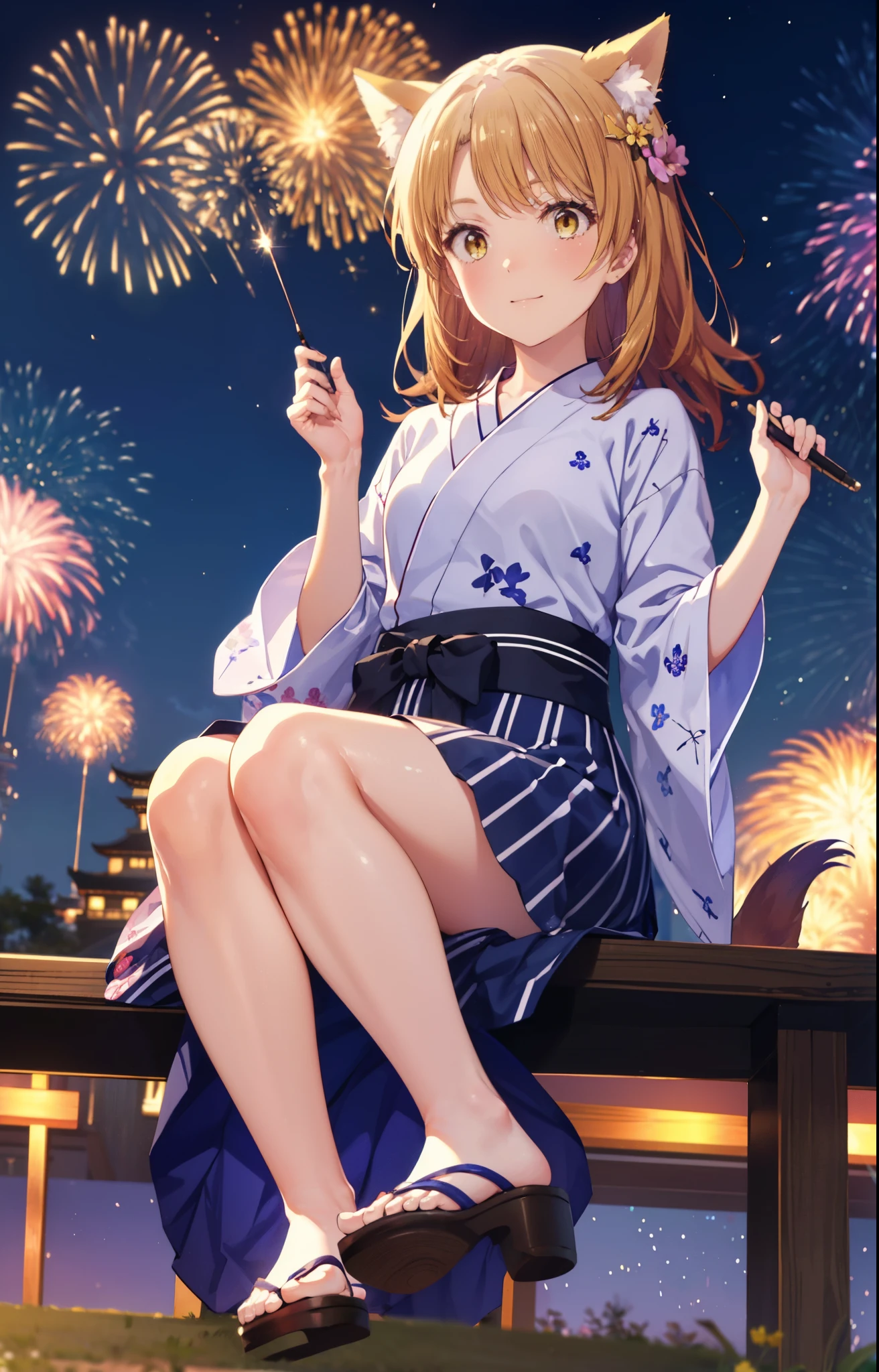 irohaisshiki, Isshiki Iroha, short hair, brown hair, (brown eyes:1.5), short hair,Flower chewing,smile,Yellow yukata、Zori sandals,ability、fireworks in the night sky、skyrocket、The place is a fireworks display、Time is night、sunny day、turn around、全身がイラストに入るようにbreak looking at viewer,break (masterpiece:1.2), highest quality, High resolution, unity 8k wallpaper, (shape:0.8), (beautiful and detailed eyes:1.6), highly detailed face, perfect lighting, Very detailed CG, (perfect hands, perfect anatomy),