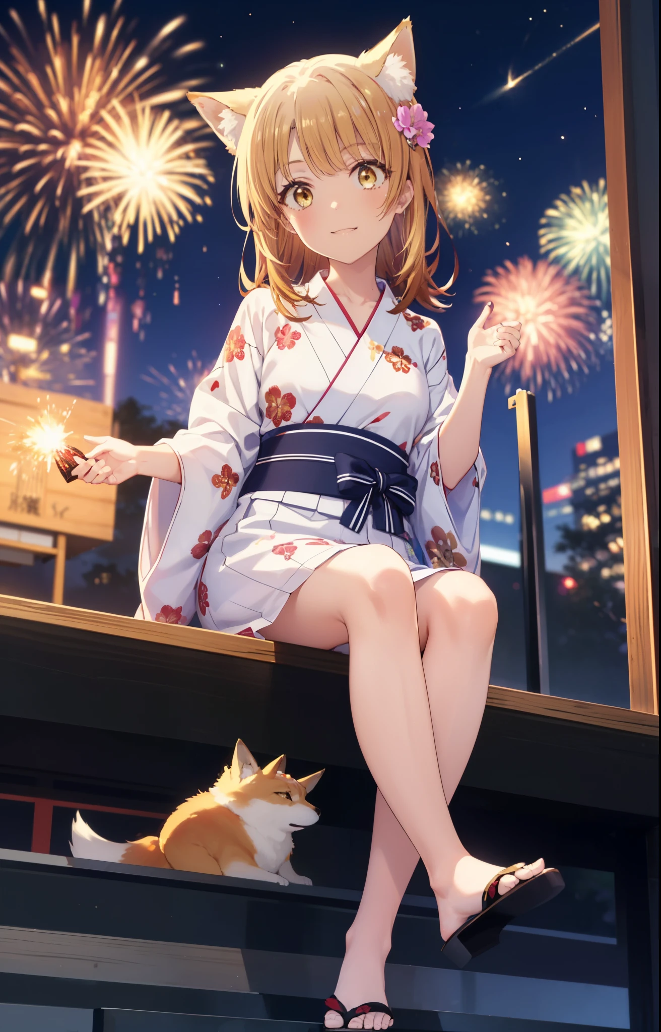 irohaisshiki, Isshiki Iroha, long hair, brown hair, (brown eyes:1.5), smile,animal ears fox ears,Animal tail fox tail,flower hair ornament,Yukata with yellow floral pattern,long skirt,Zori sandals,firework in the night sky,firework,The place is a firework display,Time is night,sunny day,So that the whole body is included in the illustration,I'm sitting on the steps of the shrine, looking up at the sky.,
break outdoors, destroy the shrine (masterpiece:1.2), highest quality, High resolution, unity 8k wallpaper, (shape:0.8), (beautiful and detailed eyes:1.6), highly detailed face, perfect lighting, Very detailed CG, (perfect hands, perfect anatomy),