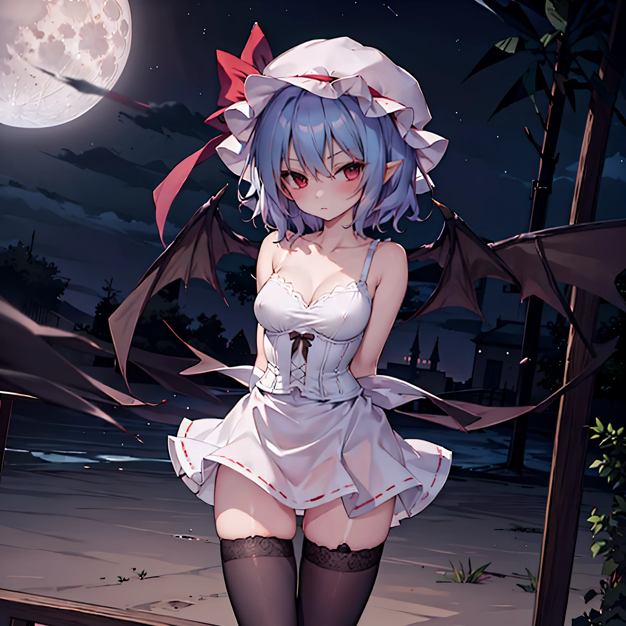 (solo Remilia toho character standing on the deck of mansion:1.3), (solo:1.2), skinny, a full moon, midnight, BREAK, short hair, collarbone, (emphasize small very perky breasts:1.3), (emphasize cleavage:1.2), (inconceivably thin narrow waist:1.3), (very short thin torso:1.2), very long (thin legs), emphasize thigh gap, (arms behind back:1.2), BREAK, (very short sheer white dress squeeze breasts:1.2), (dress lift breasts up:1.2), (inconceivably wiry narrow brown corset cinches waist too tight:1.5), (frilled too short white miniskirt), (light blue thighhighs), BREAK, nose blush