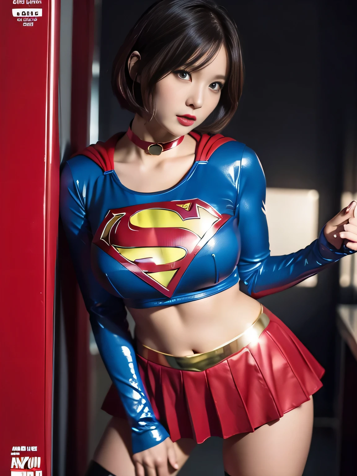 masterpiece、Shorthair Supergirl、big and full breasts、look at the camera、shiny costume、choker、red mini skirt、long sleeve、manga cover、obscene、seductive pose、provocative、sensational