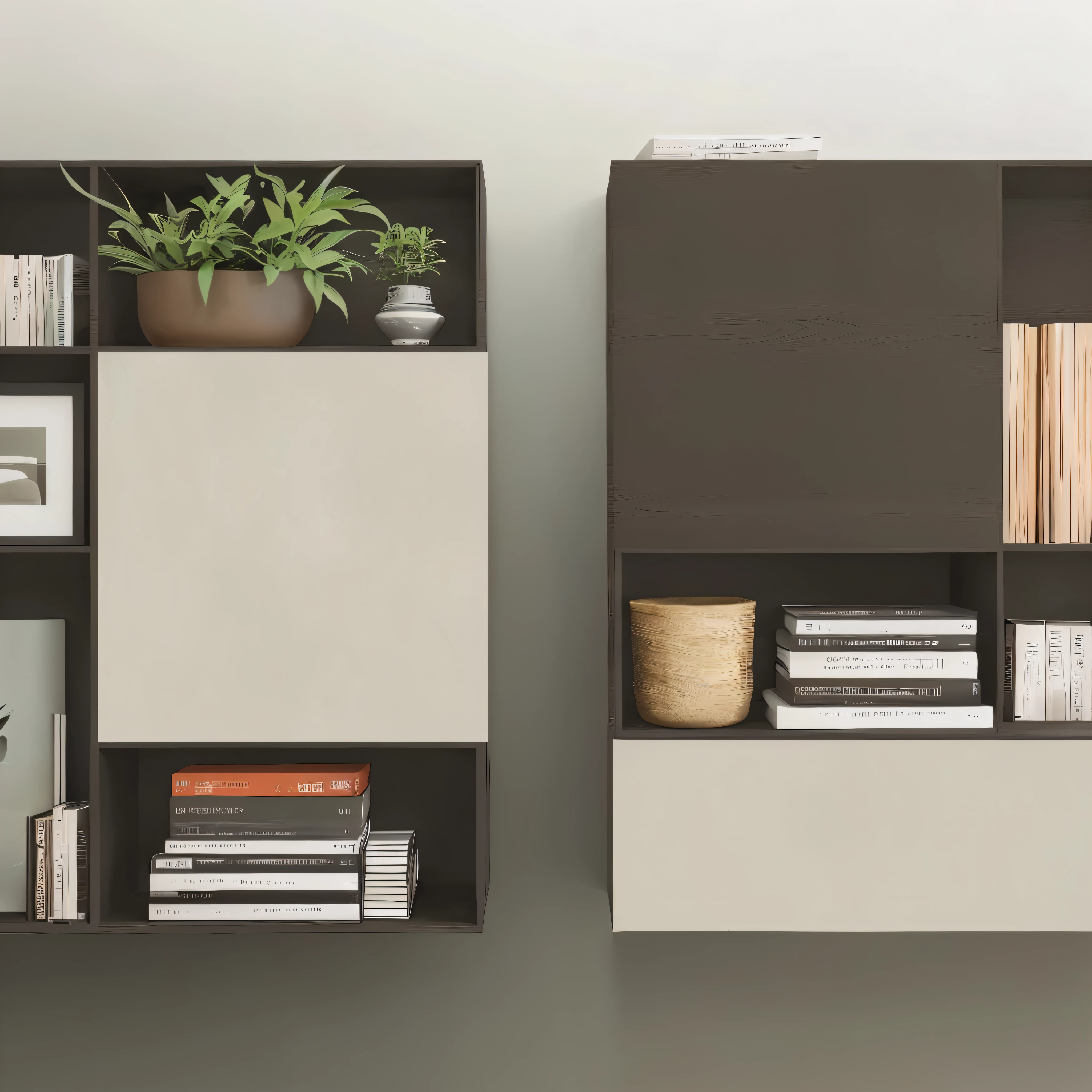 there are two shelves with books and a plant on them, dark ocher and white, Graphic details, shelves, ocher, simple furniture, High quality pictures, Depth of detail, unit, minimally modern, headquarters&Quote;, 4K details, 4K details, bookshelves on sides, cupboard, elegant minimalism, close portrait, Modular, Close details, food&Quote;, cupboard