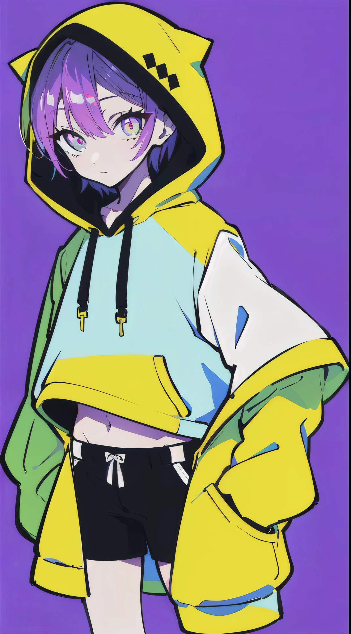 (masterpiece, highest quality:1.6), alone, thick outline, (simple background, bright purple background, monochrome, beautiful yellow theme:1.2), official art, Key Visual, 8k, confused, whole body, (unique hair, oversized hoodie, hot pants, wearing a hood, arch back, short torso:1.2), belly button, thighs, cowboy shot, HDR, sharp focus, High resolution, most detailed, very detailed, Super detailed, finely, detailed eyes and face, sharp pupils, realistic student, alone, yellow and purple contrast, alone, put one&#39;s hand in one&#39;s pocket