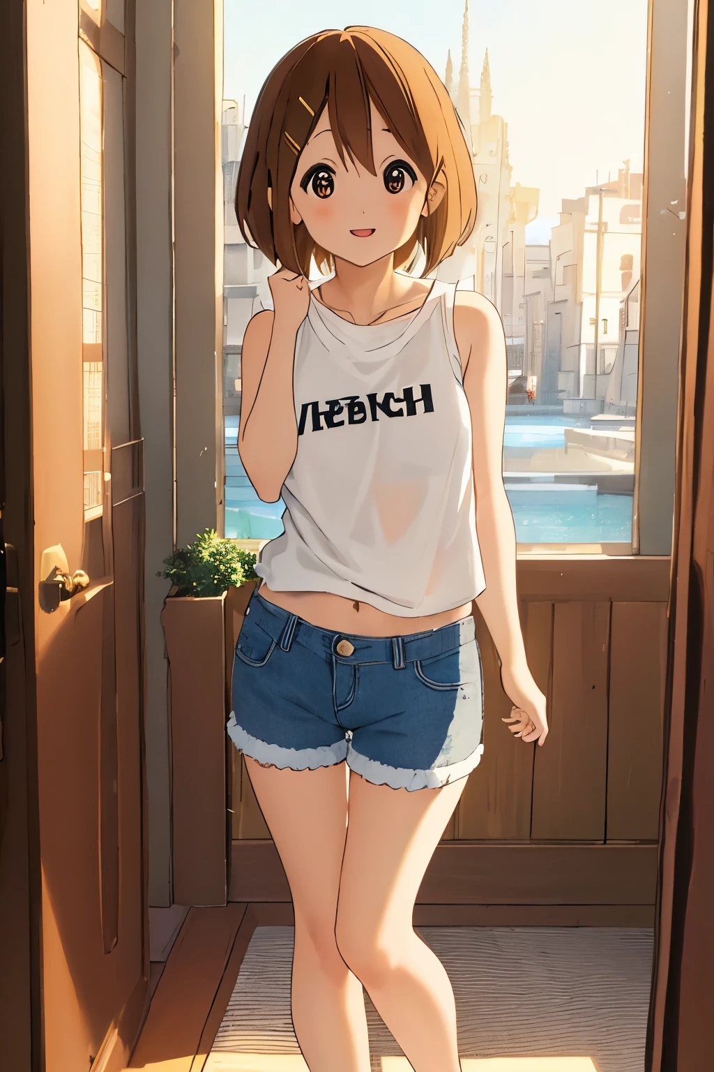 ((masterpiece, best quality:1.35)), (intricate details), volumetric light, volumetric, cinematic, light diffusion, bloom, lens reflection, dynamic light, vibrant, HDR:1.25, illustration, one girl, alone, beautiful face, smiling, (hairpins), k-on:1.15, (bikini top, denim shorts, white sneakers), bare legs, bare arms, (Yui Hirasawa), (full-body), looking at viewer, short hair, bangs, cute, outside, urban setting