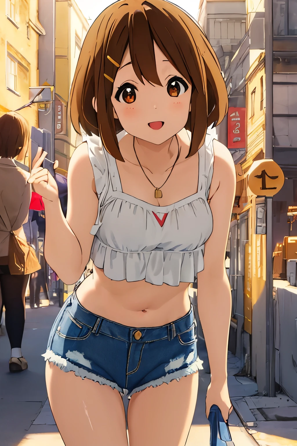 ((masterpiece, best quality:1.35)), (intricate details), volumetric light, volumetric, cinematic, light diffusion, bloom, lens reflection, dynamic light, vibrant, HDR:1.25, illustration, one girl, alone, beautiful face, smiling, (hairpins), k-on:1.15, (bikini top, denim shorts, white sneakers), bare legs, bare arms, (Yui Hirasawa), (full-body), looking at viewer, short hair, bangs, cute, outside, urban setting