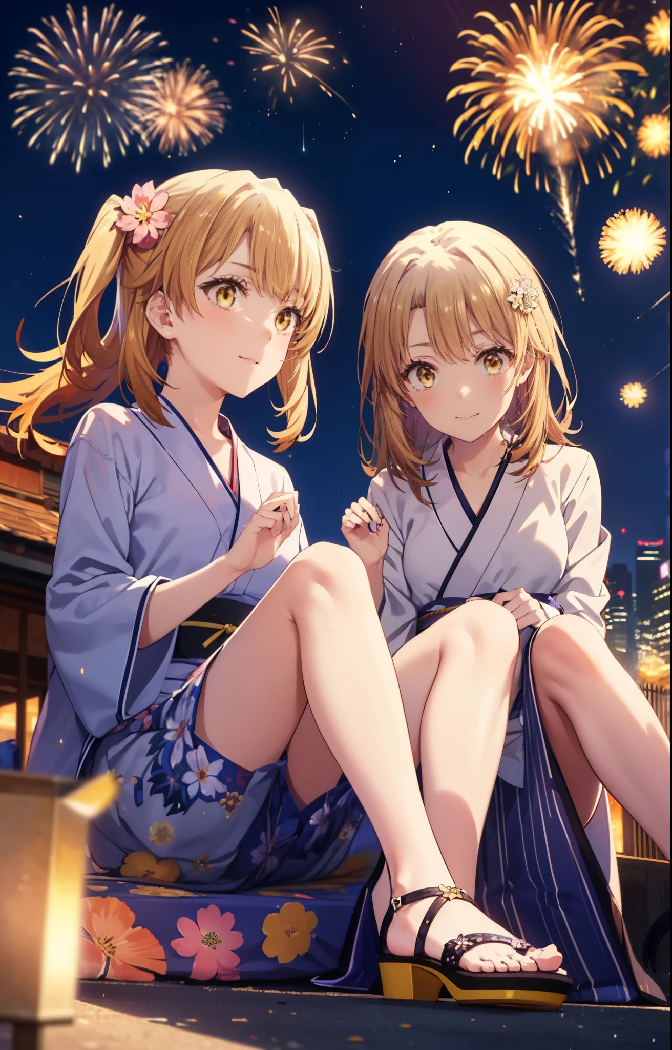 irohaisshiki, Isshiki Iroha, long hair, brown hair, (brown eyes:1.5), smile,animal ears　fox ears,Animal tail　fox tail,flower hair ornament,Yukata with yellow floral pattern,long skirt,Zori sandals,firework in the night sky,firework,The place is a firework display,Time is night,sunny day,So that the whole body is included in the illustration,I&#39;m sitting on the steps of the shrine, looking up at the sky.,
break outdoors, destroy the shrine (masterpiece:1.2), highest quality, High resolution, unity 8k wallpaper, (shape:0.8), (beautiful and detailed eyes:1.6), highly detailed face, perfect lighting, Very detailed CG, (perfect hands, perfect anatomy),