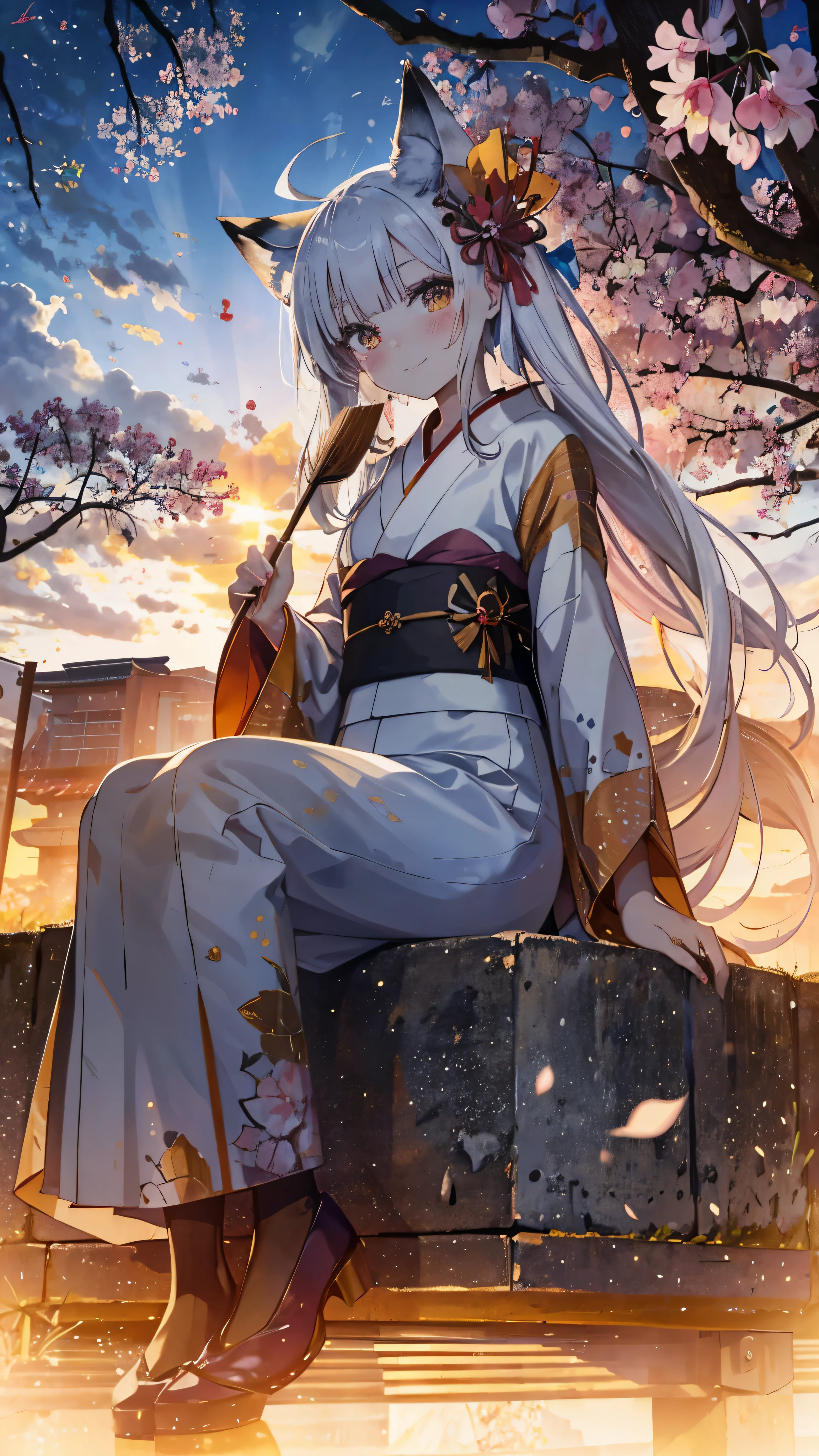 2D animation style,fox 1 girl,fox ears,Tsurime,shining yellow eyes,(from below,whole body,head tilt:1.1),(moving line,wag the tail,lots of fox tails:1.1),(kimono[white:0.6|Redline:0.8|yellow butterfly pattern:0.8]),(hold a fan in front of your face),(Happy,grin,nose blush:1.1),(sit sideways:1.1),(white髪,dull bangs,very long hair,straight hair,Very long sideburns,Ahoge:1.2),straw-covered room,Shoji,sunlight,cherry blossoms,cherry blossomsの散りばめ,Sake BREAK Oiran Makeup,pink beige lip,pink eyeshadow,false eyelashes,blush_sticker,(face tattoo)
BREAK&#39;s masterpiece, highest quality, be familiar with, beautiful eyes,hyper be familiar with,ultra-be familiar with face