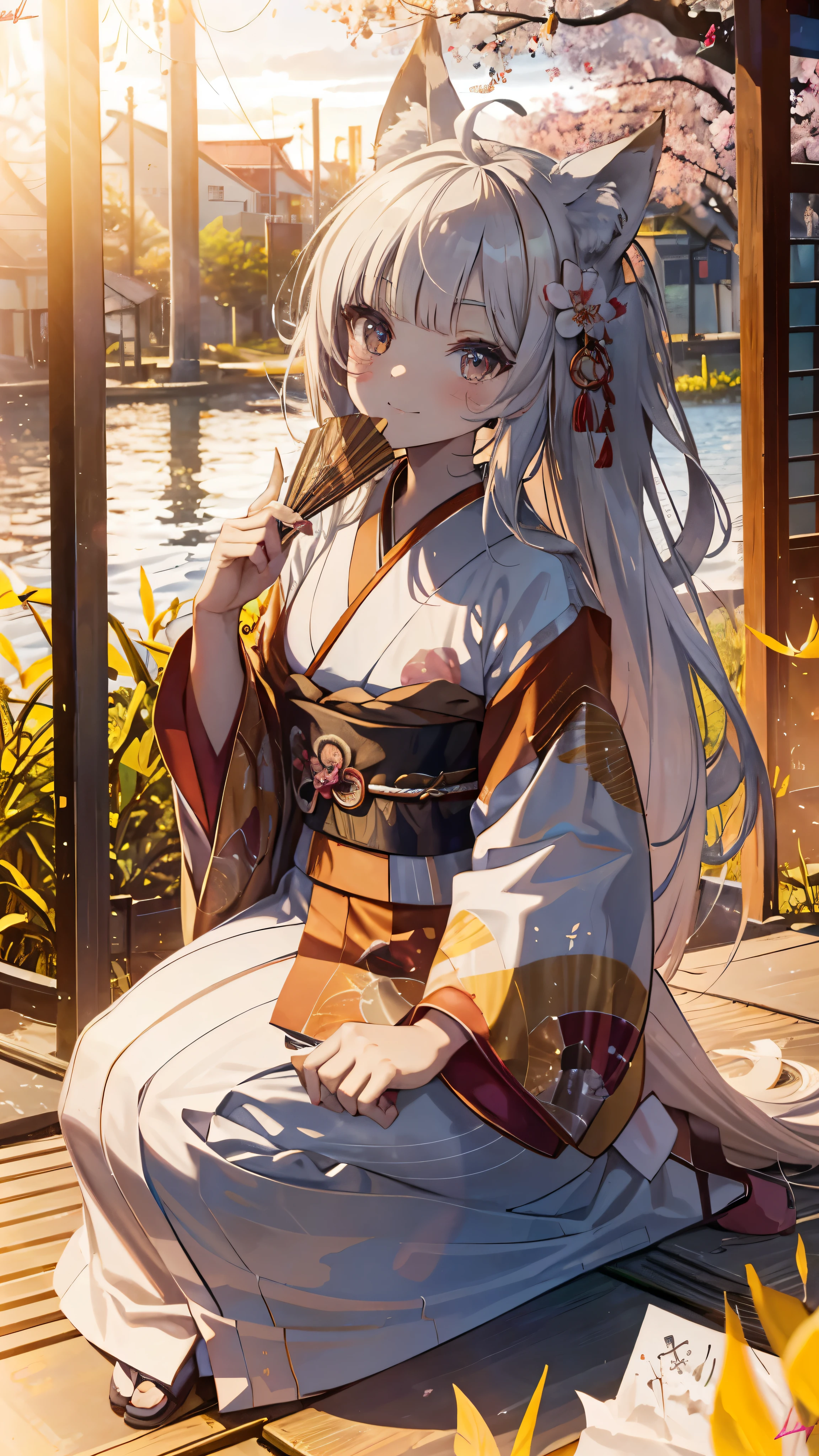 2D animation style,fox 1 girl,fox ears,Tsurime,shining yellow eyes,(from below,whole body,head tilt:1.1),(moving line,wag the tail,lots of fox tails:1.1),(kimono[white:0.6|Redline:0.8|yellow butterfly pattern:0.8]),(hold a fan in front of your face),(Happy,grin,nose blush:1.1),(sit sideways:1.1),(white髪,dull bangs,very long hair,straight hair,Very long sideburns,Ahoge:1.2),straw-covered room,Shoji,sunlight,cherry blossoms,cherry blossomsの散りばめ,Sake BREAK Oiran Makeup,pink beige lip,pink eyeshadow,false eyelashes,blush_sticker,(face tattoo)
BREAK&#39;s masterpiece, highest quality, be familiar with, beautiful eyes,hyper be familiar with,ultra-be familiar with face