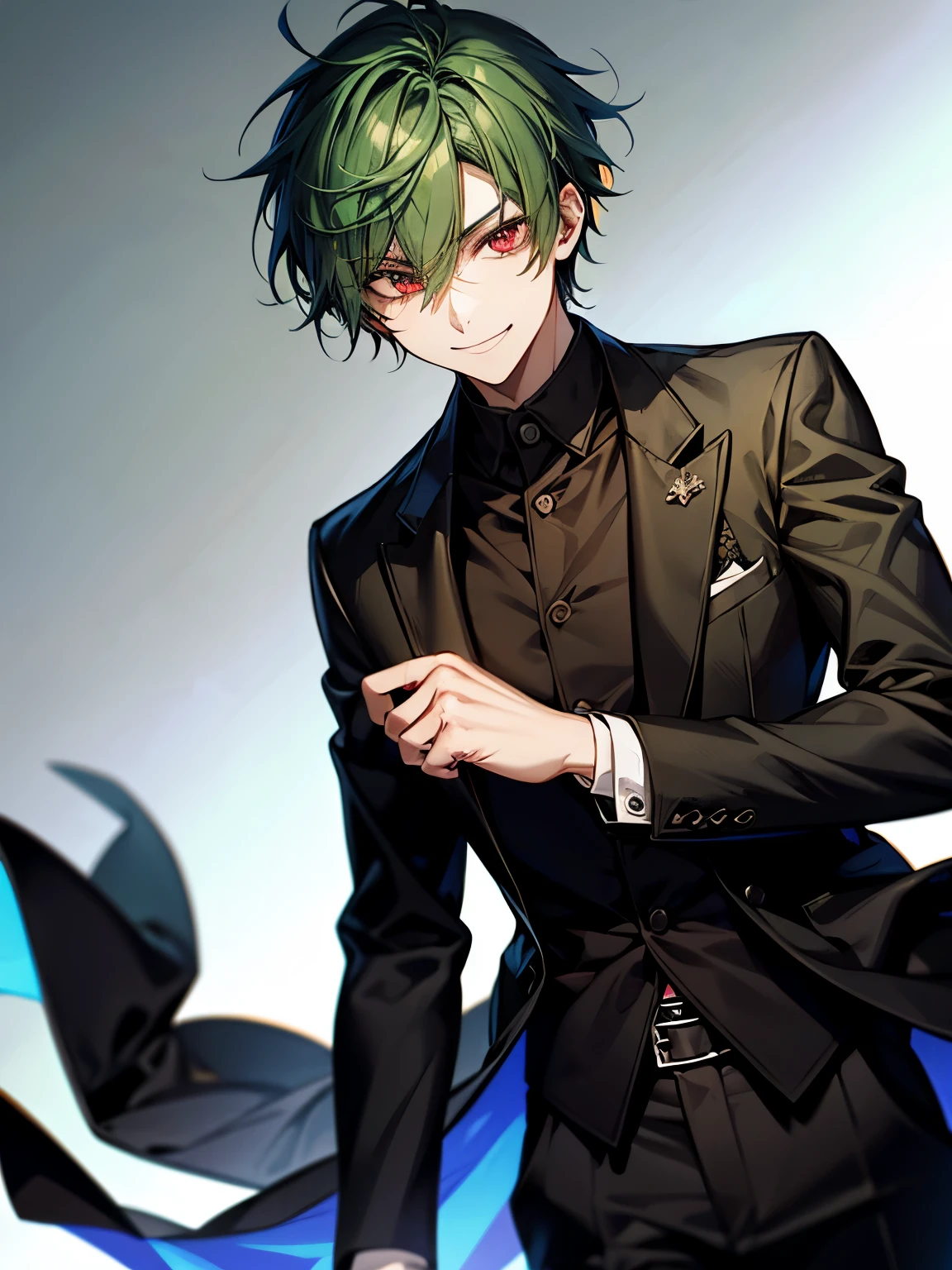 green hair, red eyes, mysterious, black suit, cool, male, short hair, ager, deceiving smile