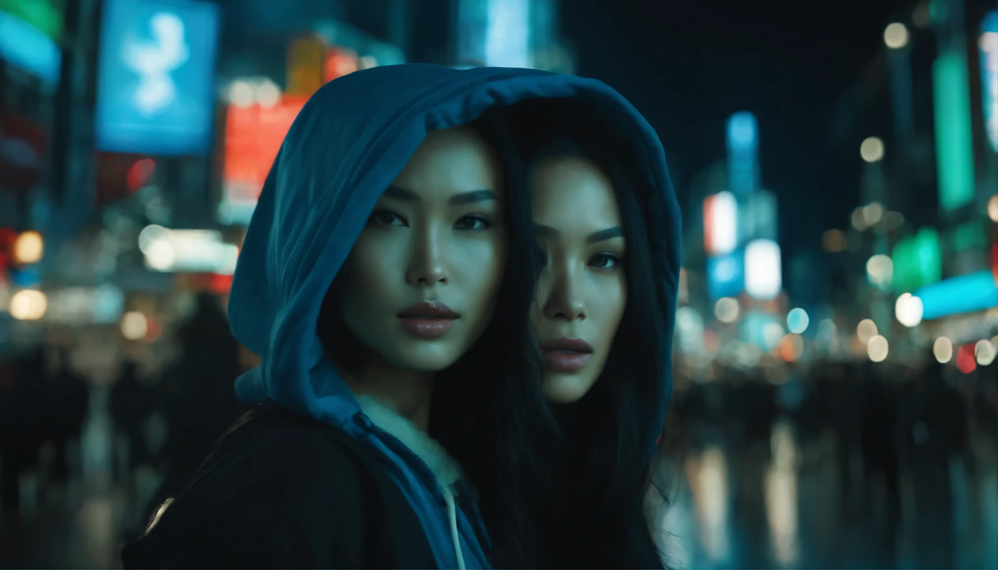 (highest quality,High resolution,masterpiece:1.2),super detailed,realistic,green and blue matrix background,detailed and beautiful eyes,Dense and beautiful lips,The appearance of humanoids,shiny metallic skin,mechanical body parts,advanced robot technology,Twinkling LEDs,Precision Engineering,Computer System Interfaces,High-tech camera system,Advanced image processing, AI photo Shot from a low angle, a beautiful Japanese woman in trendy street fashion--a black oversized hoodie, ripped jeans, and sneakers--crosses the bustling Shibuya intersection. Neon lights from the surrounding billboards cast a vibrant glow on her face, illuminating her features and long black hair against the night. She looks directly at the camera, her expression a mix of determination and allure, with the crowd around her blurred in motione --ar 3:4 --style raw --stylize 250