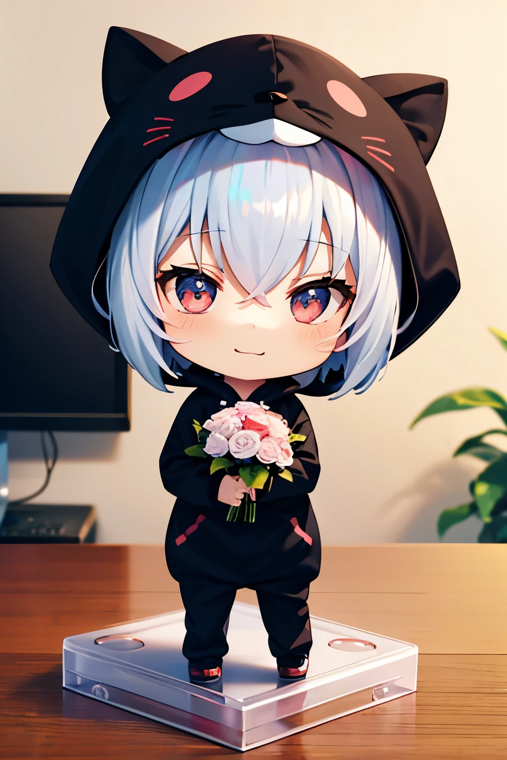 (Chibi:1.3), happy, (holding a bouquet), full body, (Kigurumi), indoors, on the table, (Nendoroid:1.1),