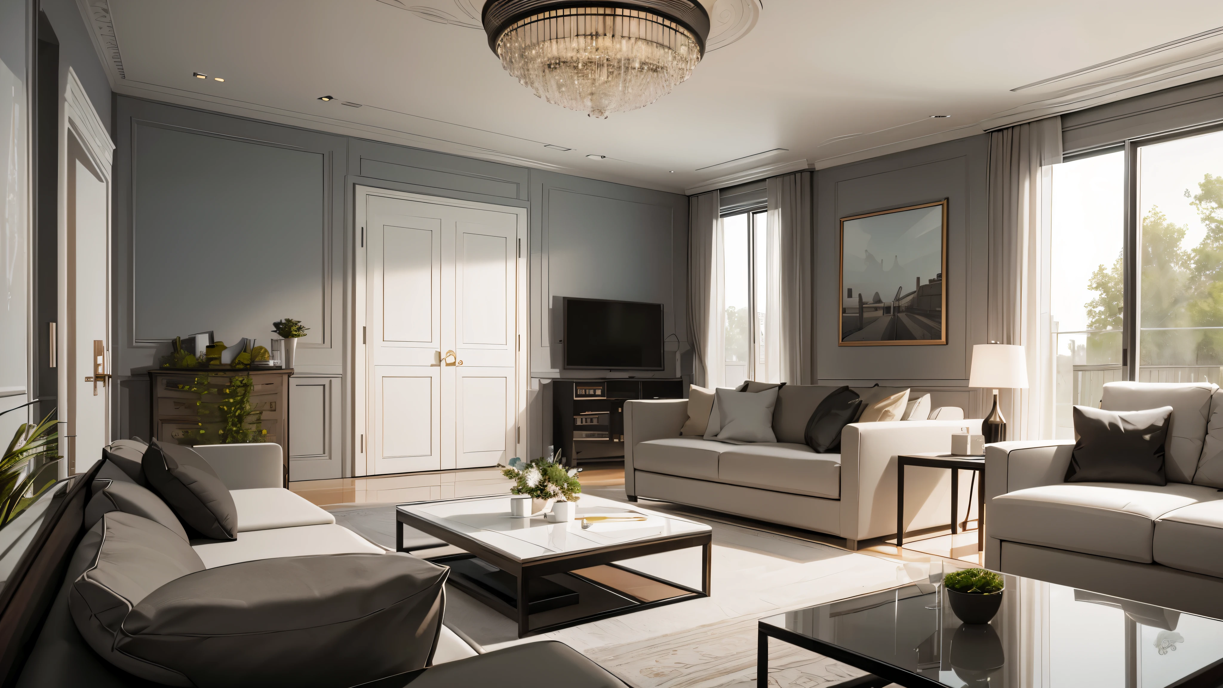 you are a famous interior designer、I was asked to create a 3D image of a large modern room.。. Create a harmonious environment with modern and minimalist furniture. Including garden interior.