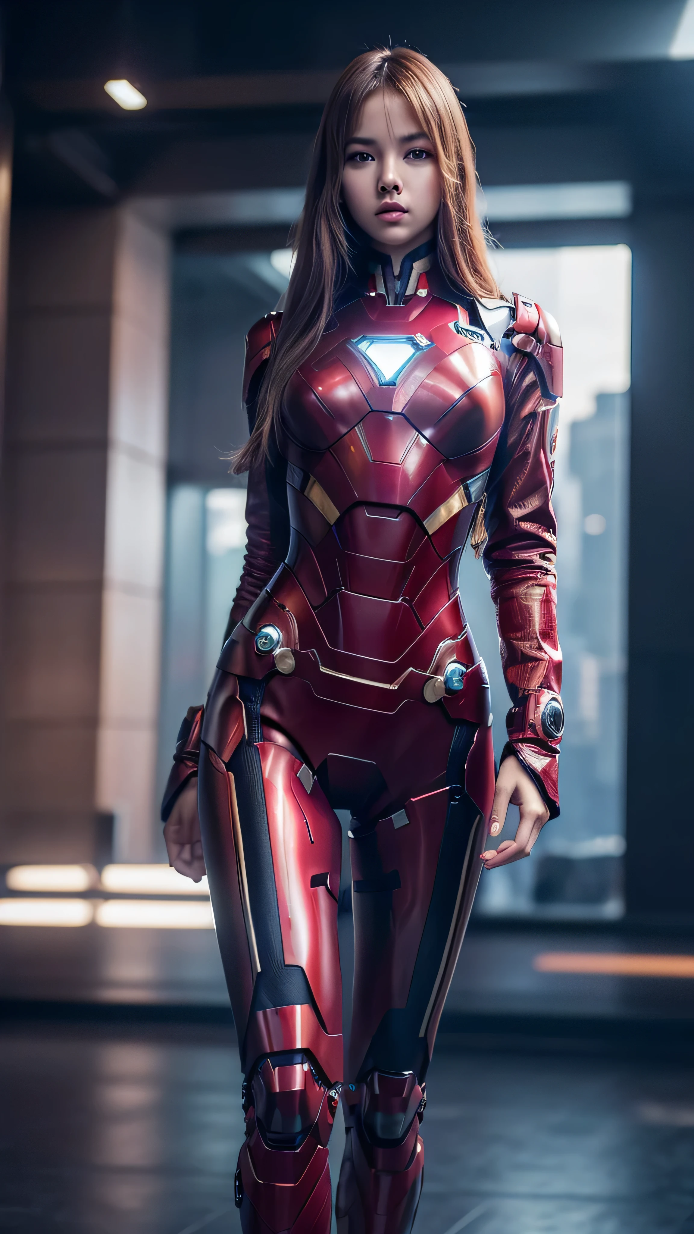 ((masterpiece, 8K, 3D, Realistic, Super Detail)), (1girl:1.3), slender 17 age, Ultra Micro photography, Super realistic, Perfect face, Beautiful features, ((Perfect female body)) Beautiful features, ( body), ((small hips)), Lisa Blackpink as ironman ((Exposed thigh)), Exposed Skin, Front Full body Shot, full body portrait, futuristic city background
