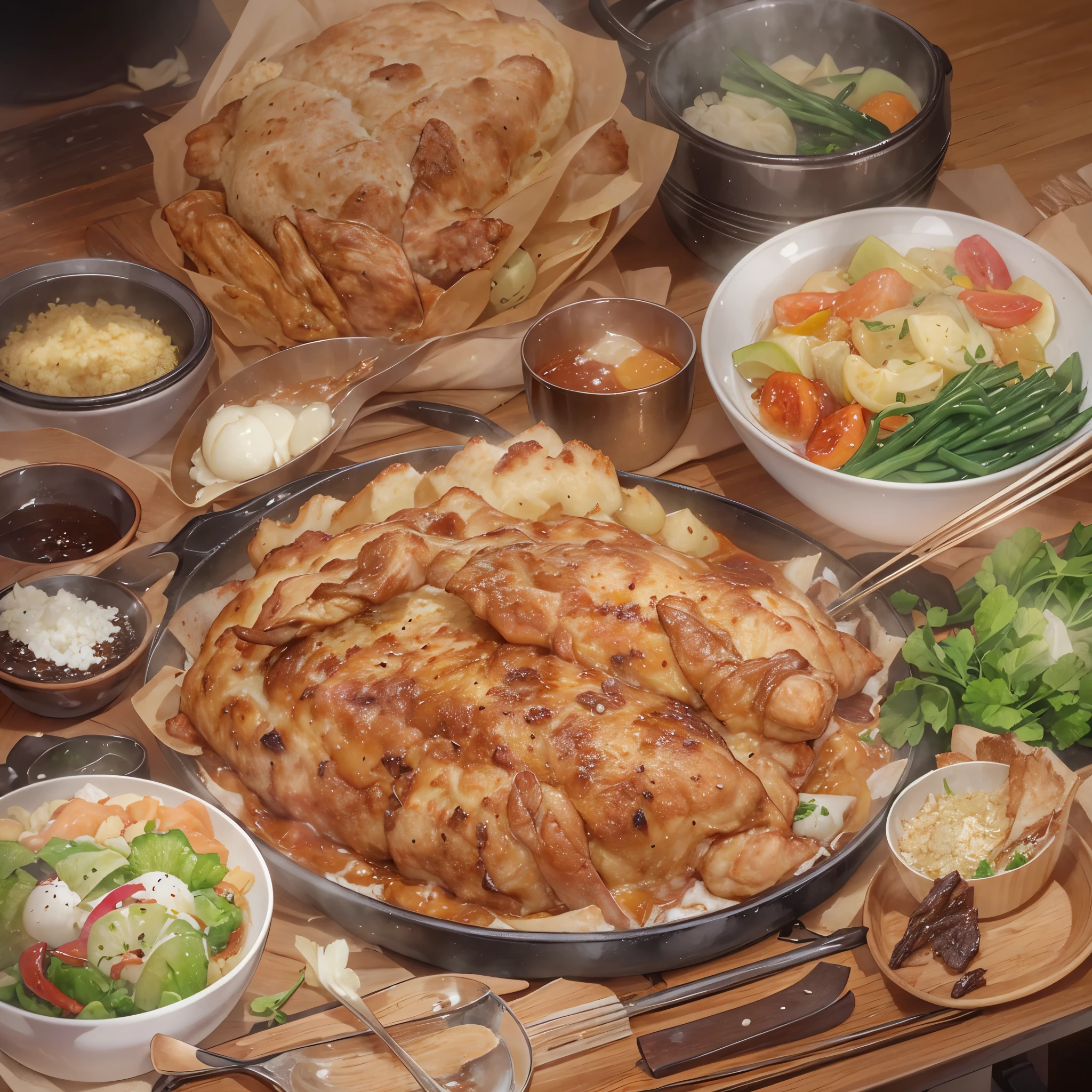 a close up of a tray of food on a kitchen counter, ingredients on the table, aokamei, by Josetsu, けもの, red meat shreds, daopao, hayao, recipe, inspired by Shunbaisai Hokuei, hajime katoki, yoshiku,