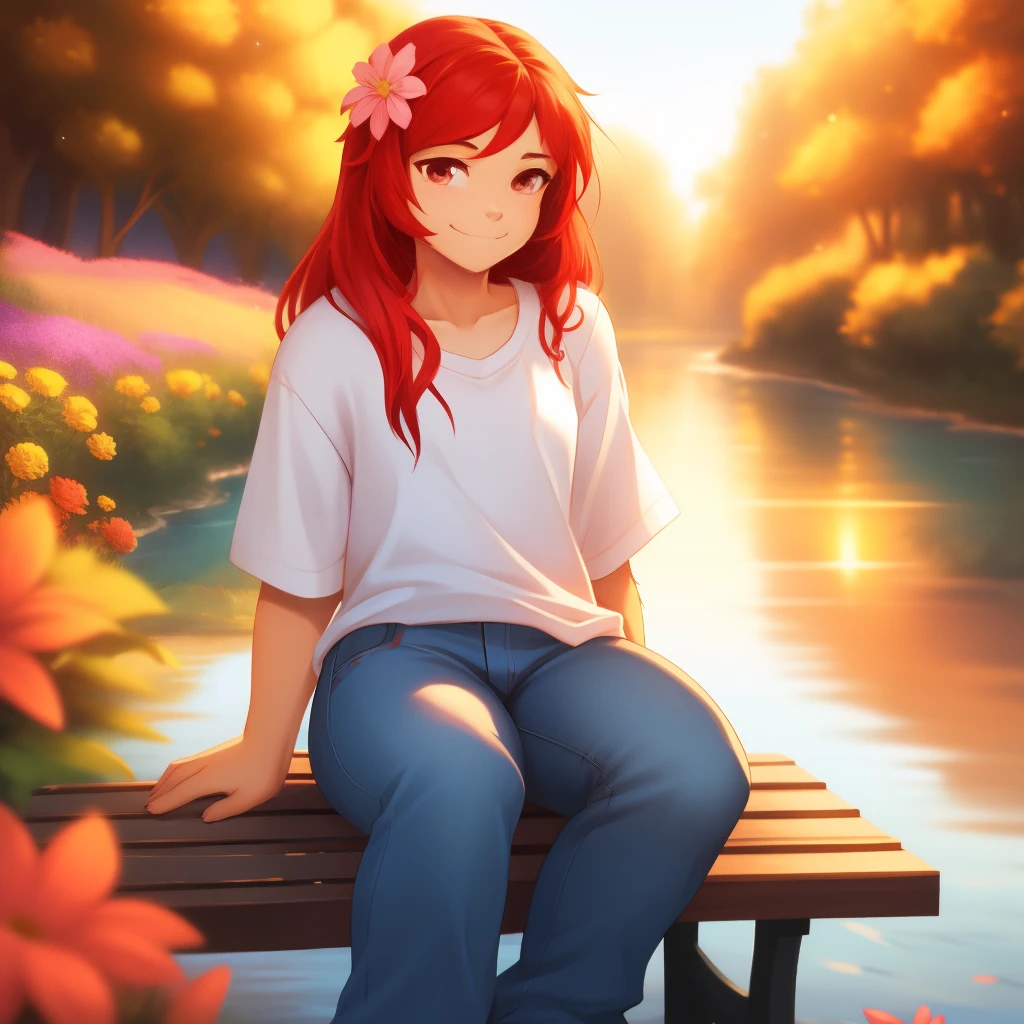 (girl:red_hair, flowers, baggy jeans, white shirt, discreet smile, cute look), (sitting on a bench, river in the background, golden hour), hd,ultra-detailed,realistic,photography,vivid colors,portrait,bokeh,soft lighting