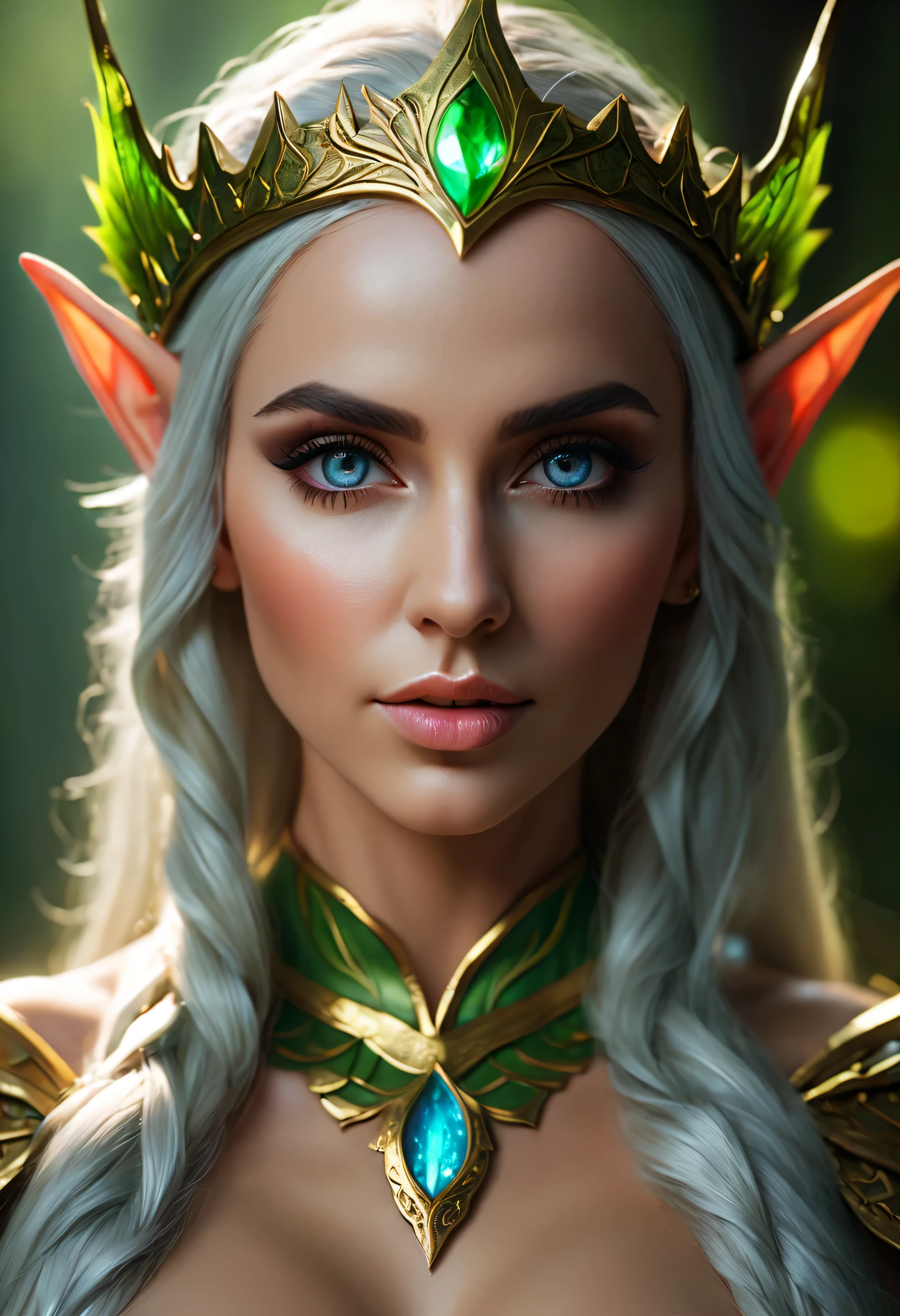 4k highly detailed realistic digital extremely high quality RAW photograph, a portrait photo of Megain Rain as a fantasy elf queen, (beautiful and detailed eyes: 1.1), bimbo, seductive, sexy, large breasts, epic, hyperrealistic, hyperrealism, 8k, cinematic lighting, (f1.8 short focus bokeh)